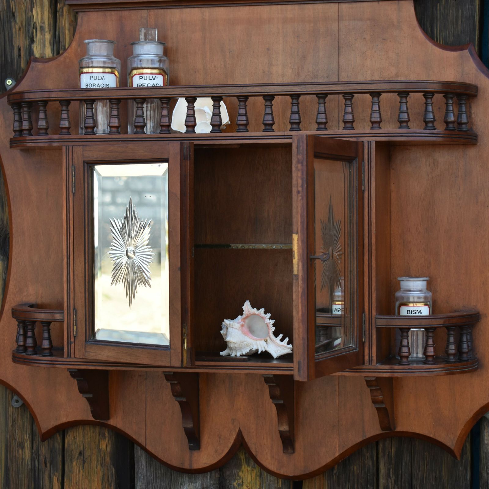 Home Decor Antique Rare Sunburst Etched Mirror Doors Mahogany Bathroom Wall Display Cabinet photo