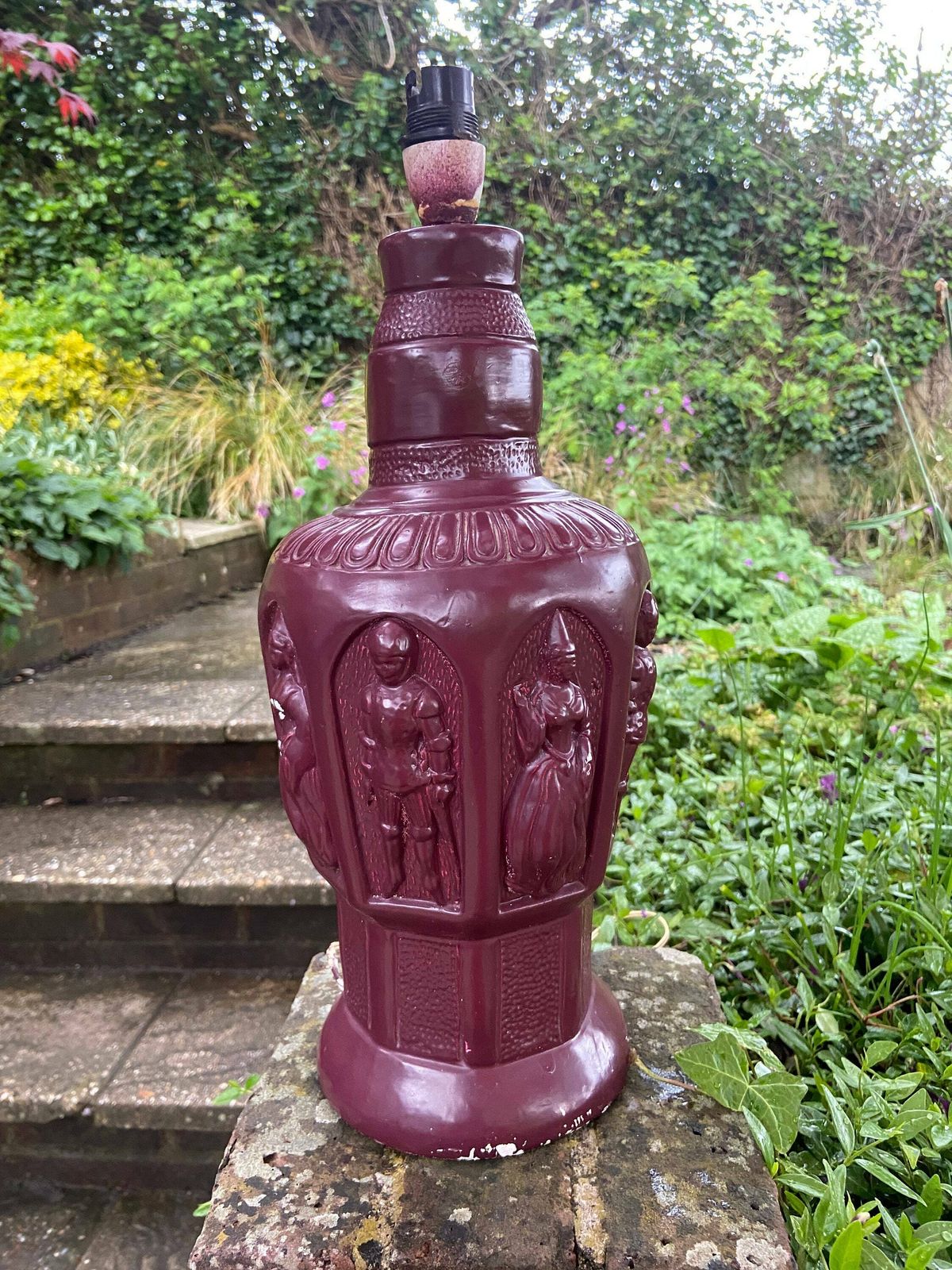Quirky 1960s 70s Large Ceramic Lamp   Wine Red, Maroon, Bottle Shape, Knicks And Maidens Motif, Working Lamp, Retro Lamp, Upcycle photo 72.0