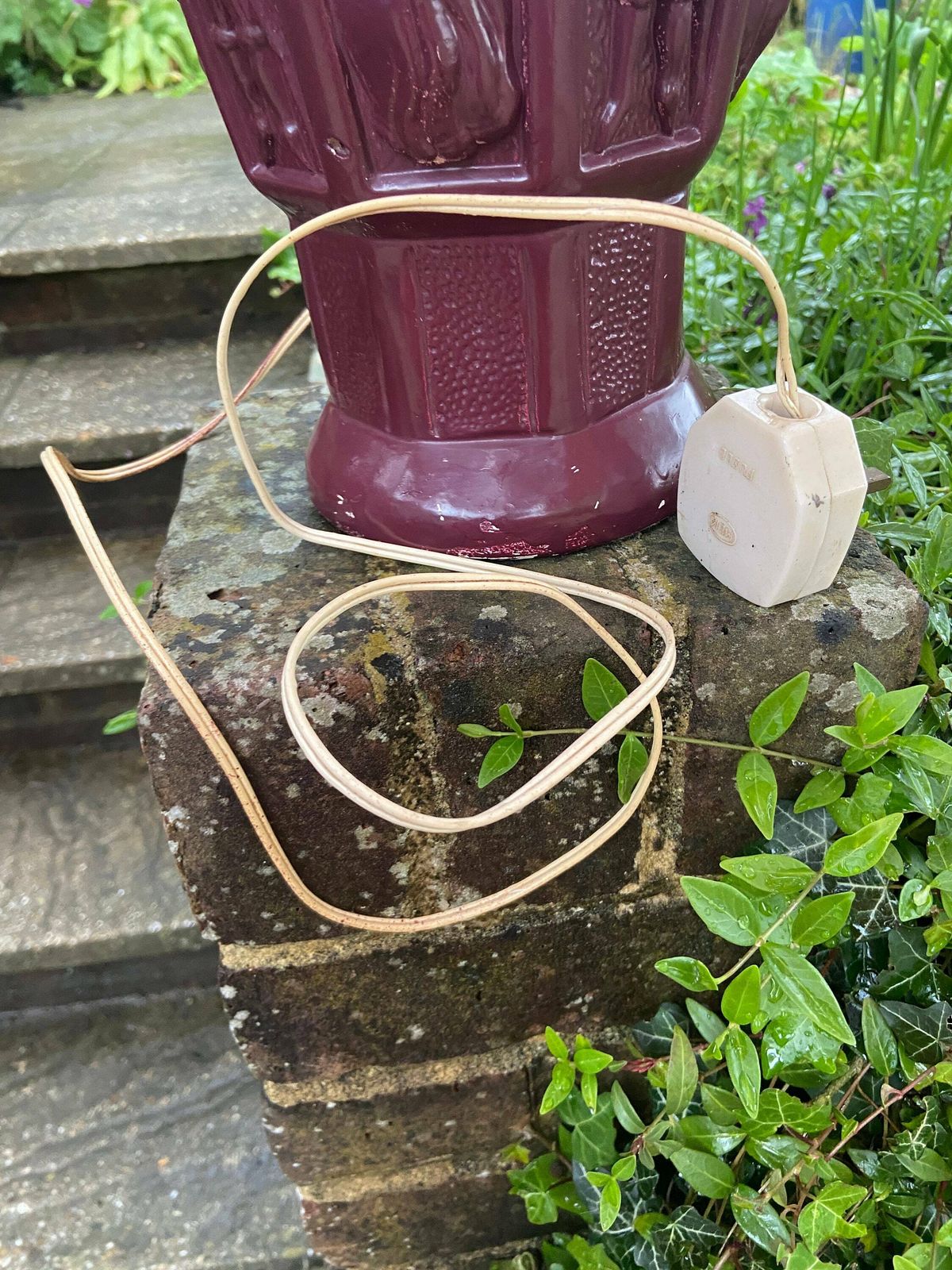 photo for sale Quirky 1960s 70s Large Ceramic Lamp   Wine Red, Maroon, Bottle Shape, Knicks And Maidens Motif, Working Lamp, Retro Lamp, Upcycle