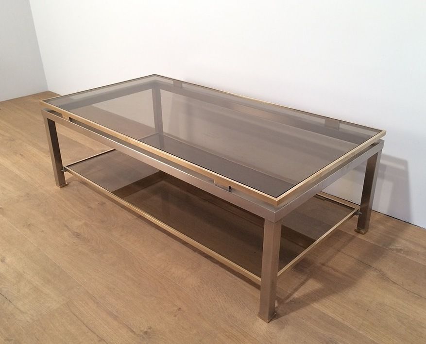 photo vinterior Table Basse à Double Plateau En Acier Brossé Et Laiton De Guy Lefèvre Pour La Maison Jansen
