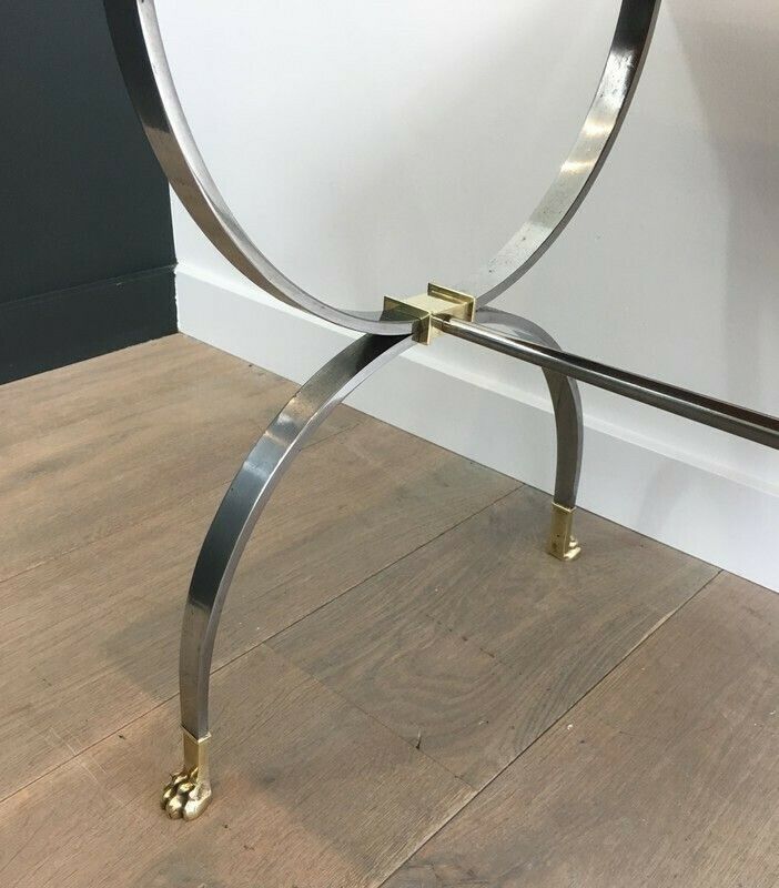 Maison Jansen. Rare Brushed Steel And Brass Neoclassical Style Coffee Table With Claw Feet And Black Lacquered Glass Top. French. Circa 19 photo Furniture