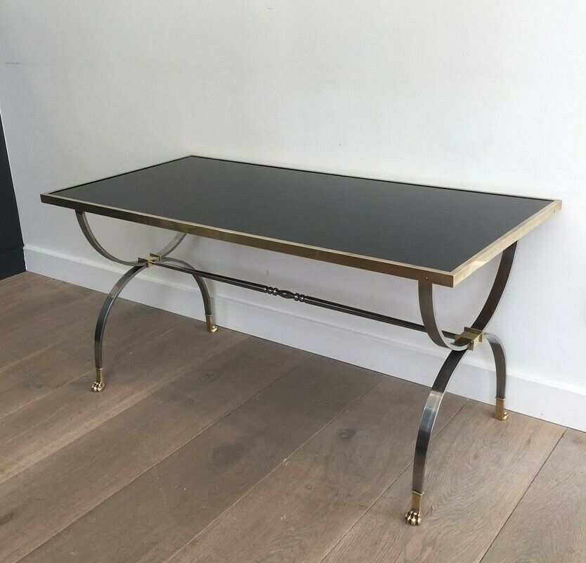 Maison Jansen. Rare Brushed Steel And Brass Neoclassical Style Coffee Table With Claw Feet And Black Lacquered Glass Top. French. Circa 19 photo 3420.0