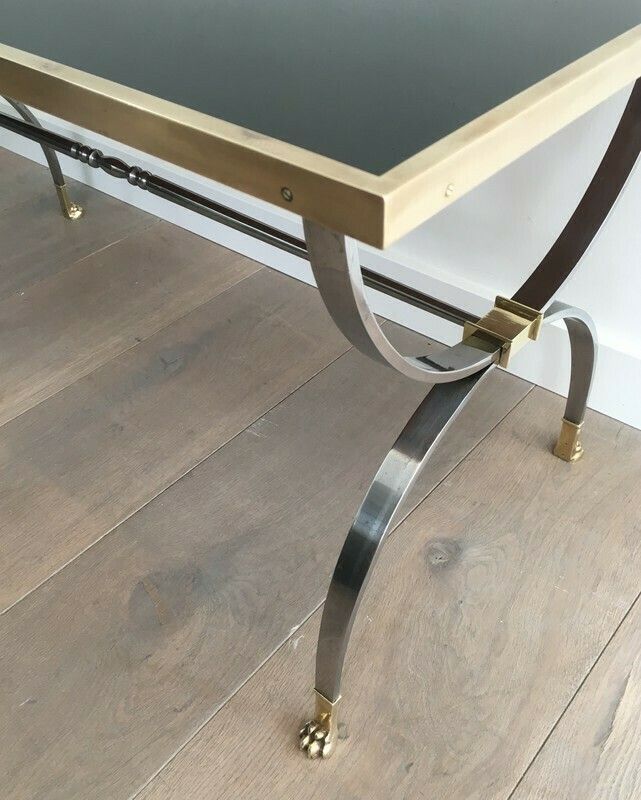Maison Jansen. Rare Brushed Steel And Brass Neoclassical Style Coffee Table With Claw Feet And Black Lacquered Glass Top. French. Circa 19 photo vinterior