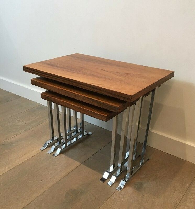 Set Of 3 Exotic Wood And Chrome Nesting Tables photo furniture