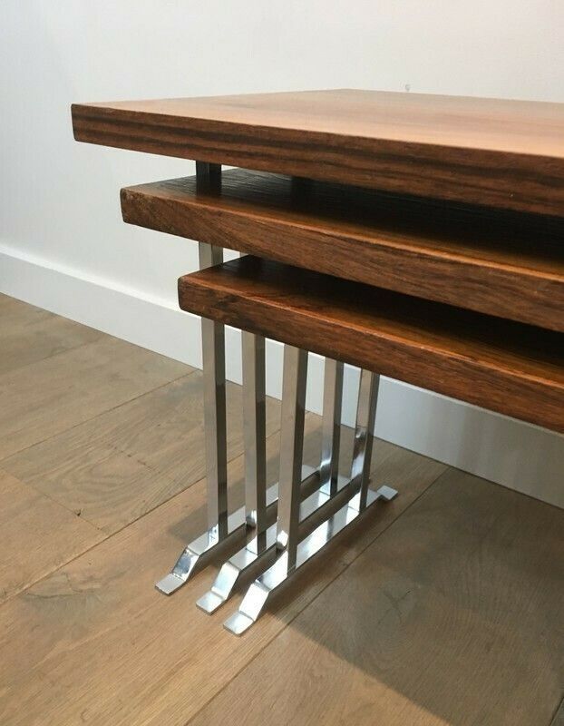 Set Of 3 Exotic Wood And Chrome Nesting Tables photo vinterior
