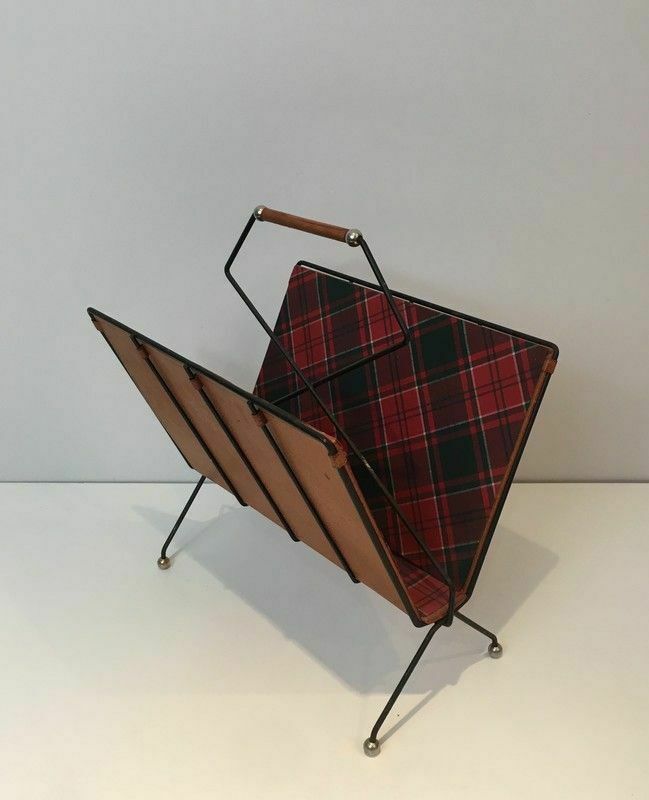 Magazine Rack In Black Lacquered Metal, Leather And Checkered Fabrics photo Home Decor