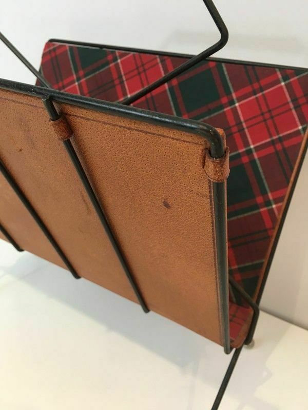 Magazine Rack In Black Lacquered Metal, Leather And Checkered Fabrics photo buy