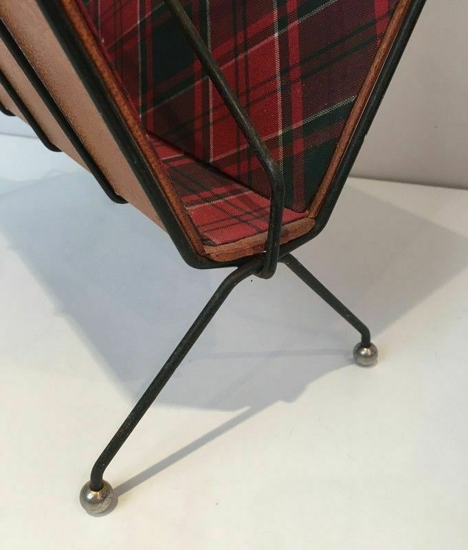 Magazine Rack In Black Lacquered Metal, Leather And Checkered Fabrics photo vintage