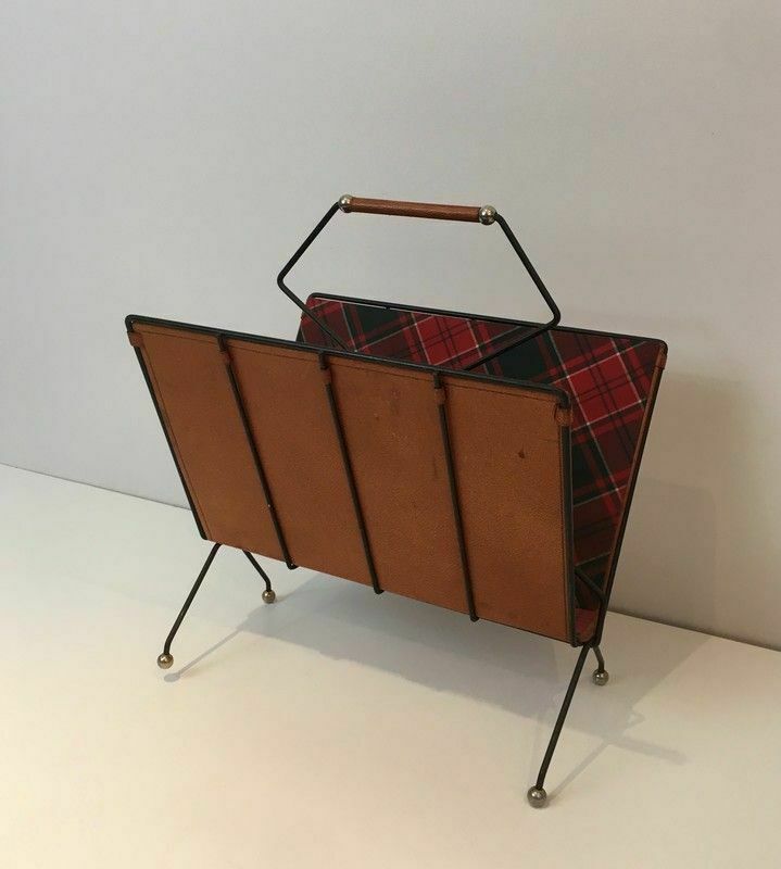 photo furniture Magazine Rack In Black Lacquered Metal, Leather And Checkered Fabrics