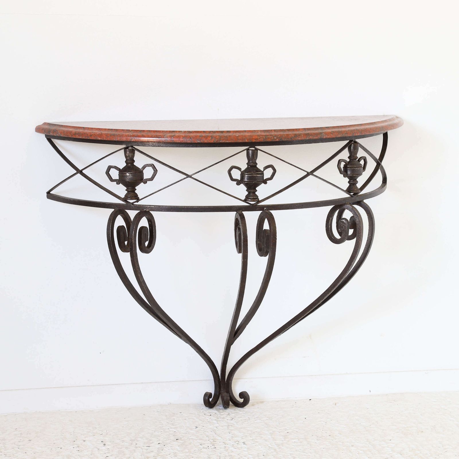 French Mid Century Wrought Iron Demi Lune Console Granite Top photo for sale