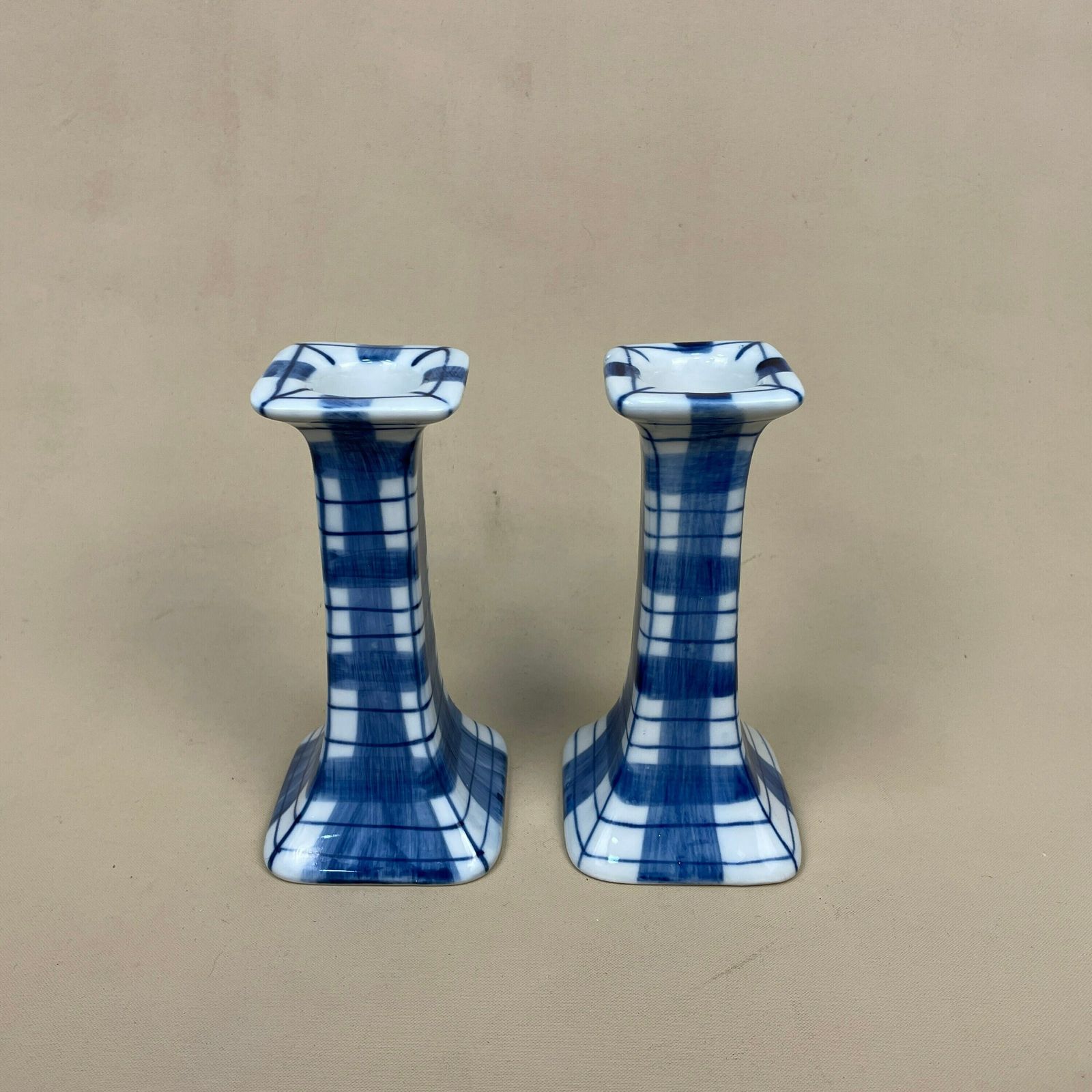 Matching Pair Of Hand Painted Check Ceramic Candlestick Candle Stick Vintage Taper Dinner Candlesticks White Blue Checked Pattern Cottage