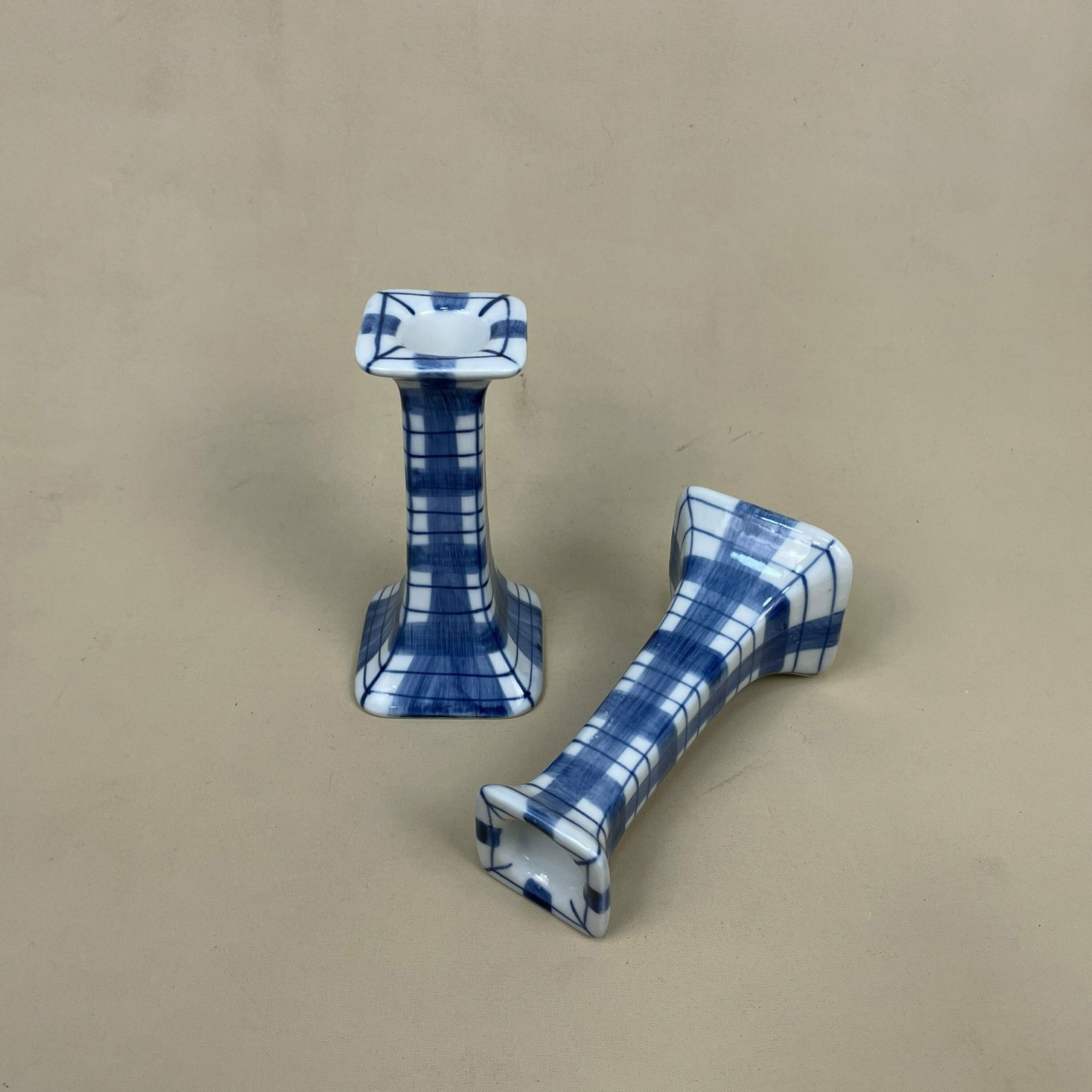 Matching Pair Of Hand Painted Check Ceramic Candlestick Candle Stick Vintage Taper Dinner Candlesticks White Blue Checked Pattern Cottage photo furniture