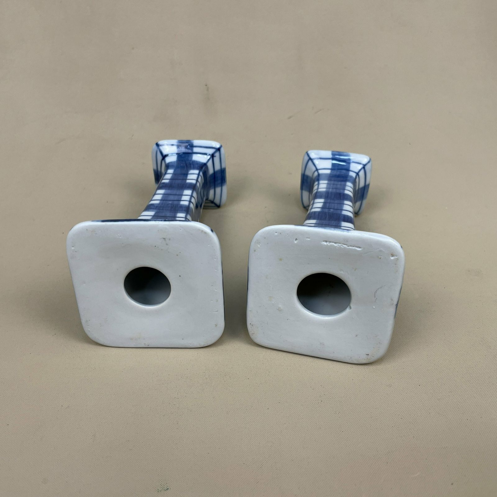 Matching Pair Of Hand Painted Check Ceramic Candlestick Candle Stick Vintage Taper Dinner Candlesticks White Blue Checked Pattern Cottage photo buy
