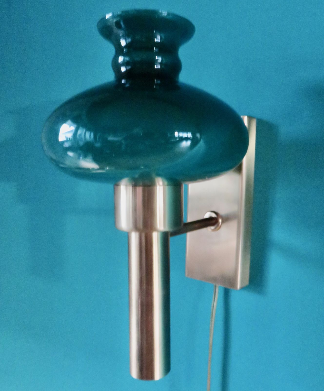 Brushed Brass Wall Lamp With “Vitrika” Green Glass Shade. Denmark 1980 photo furniture
