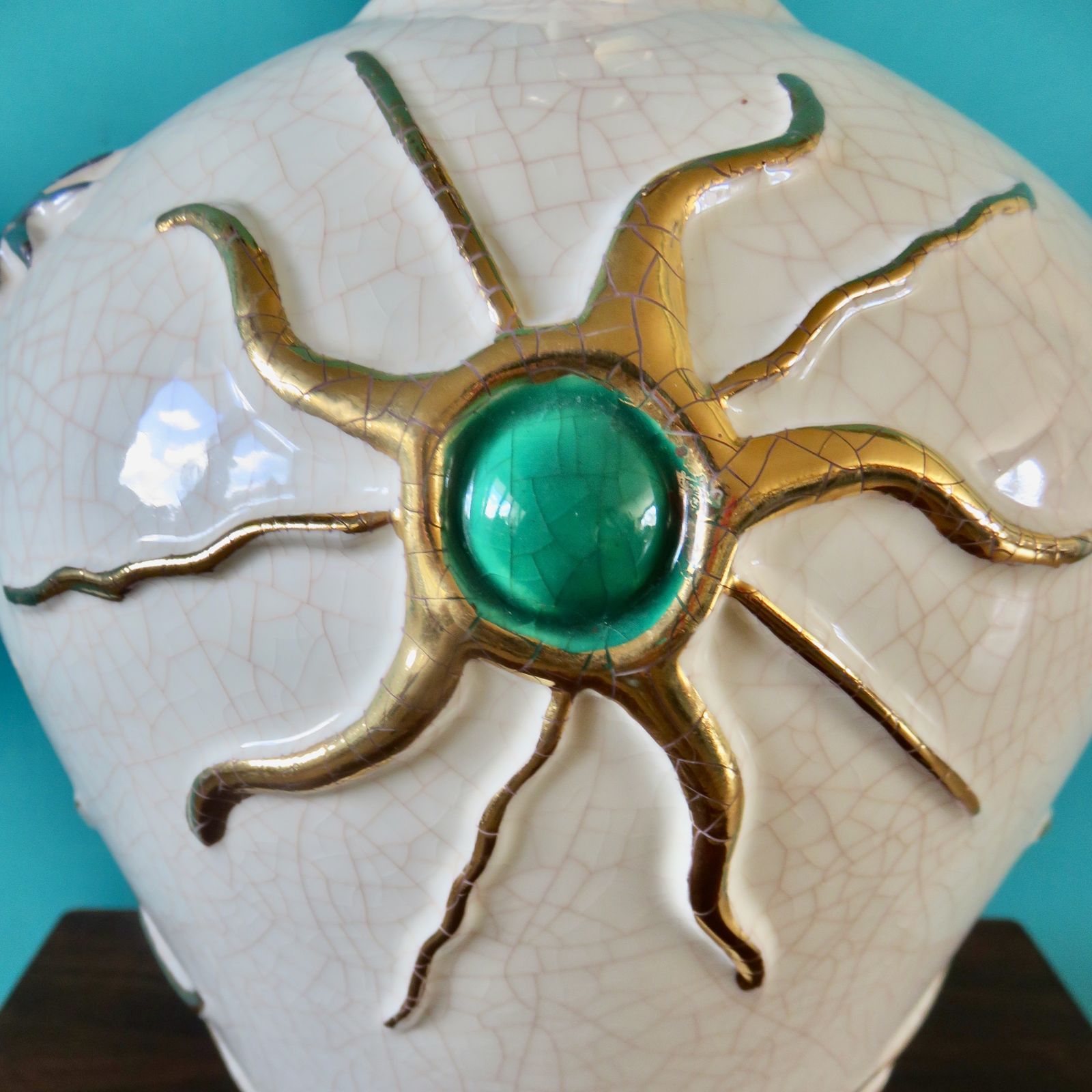 Large Ecru Cracked "Longwy" Earthenware Lamp With Bas Relief Of Suns And Stars. France 1945 1950 photo vintage