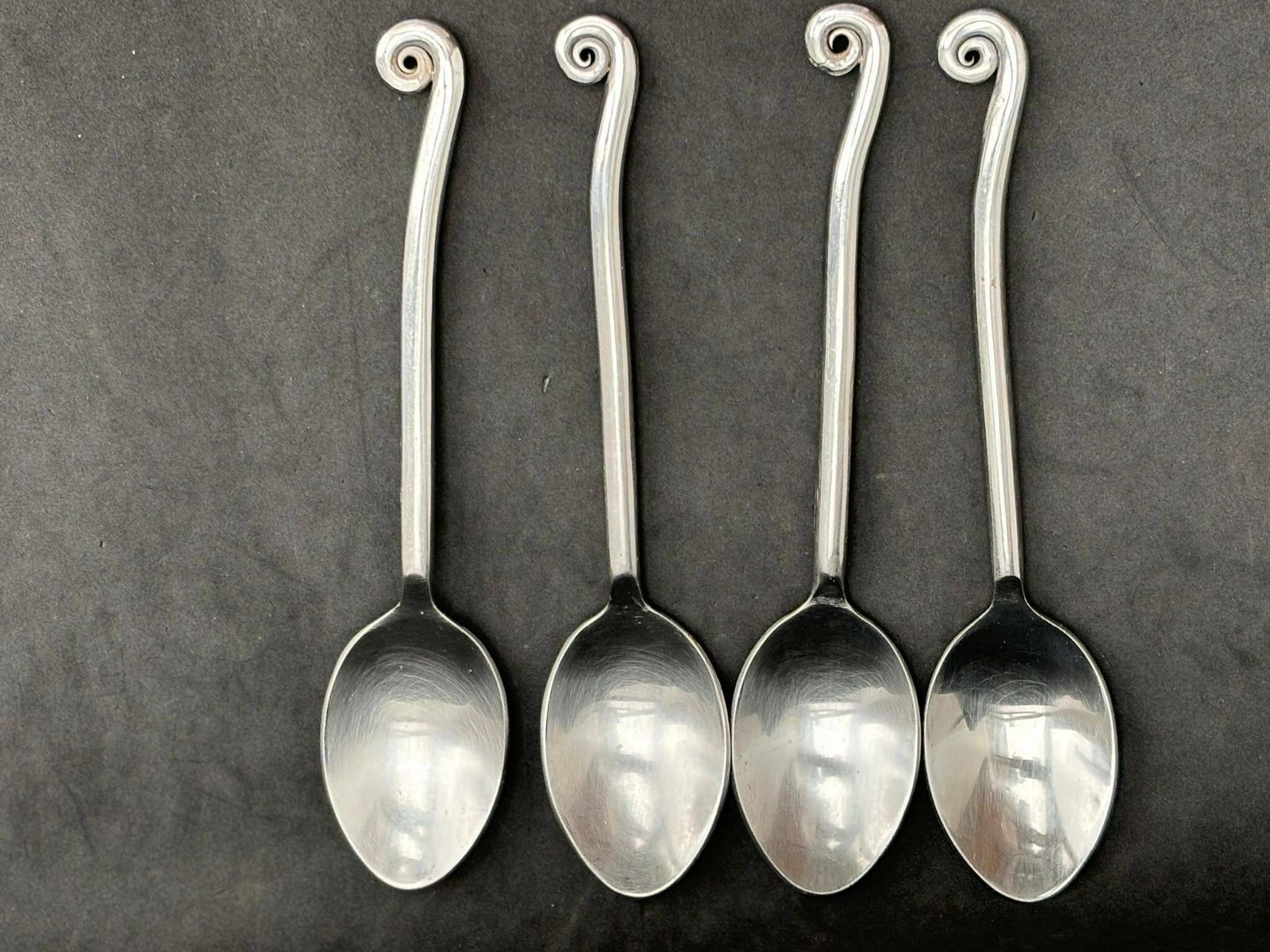 Set 4 Soup Spoons Swirl Flatware Twist Cutlery French Replacement Twisted Ends Spiral Ends Swirl Brutalist Decor Medieval Style Viking photo for sale