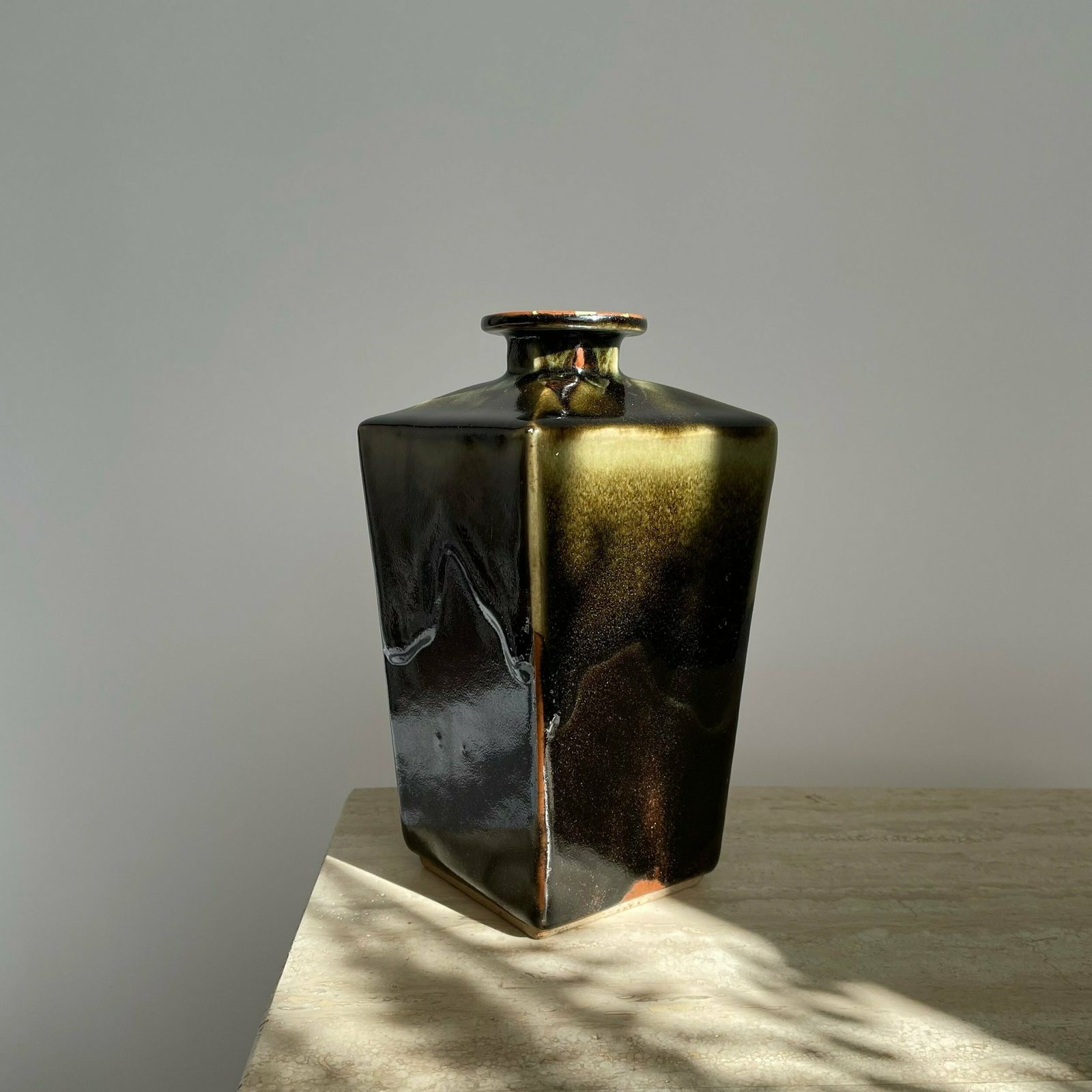 Mid Century Japanese Tall Vase With Green Drip Glaze