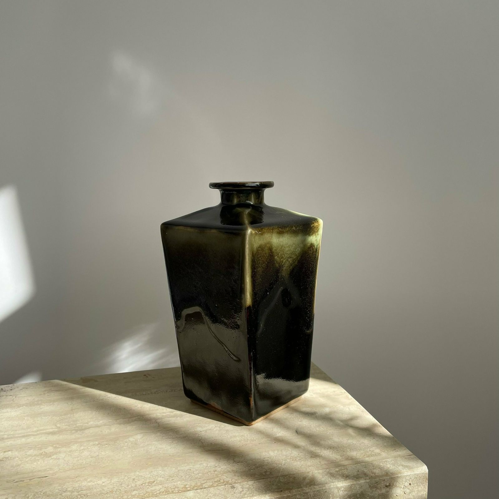 Mid Century Japanese Tall Vase With Green Drip Glaze photo vinterior