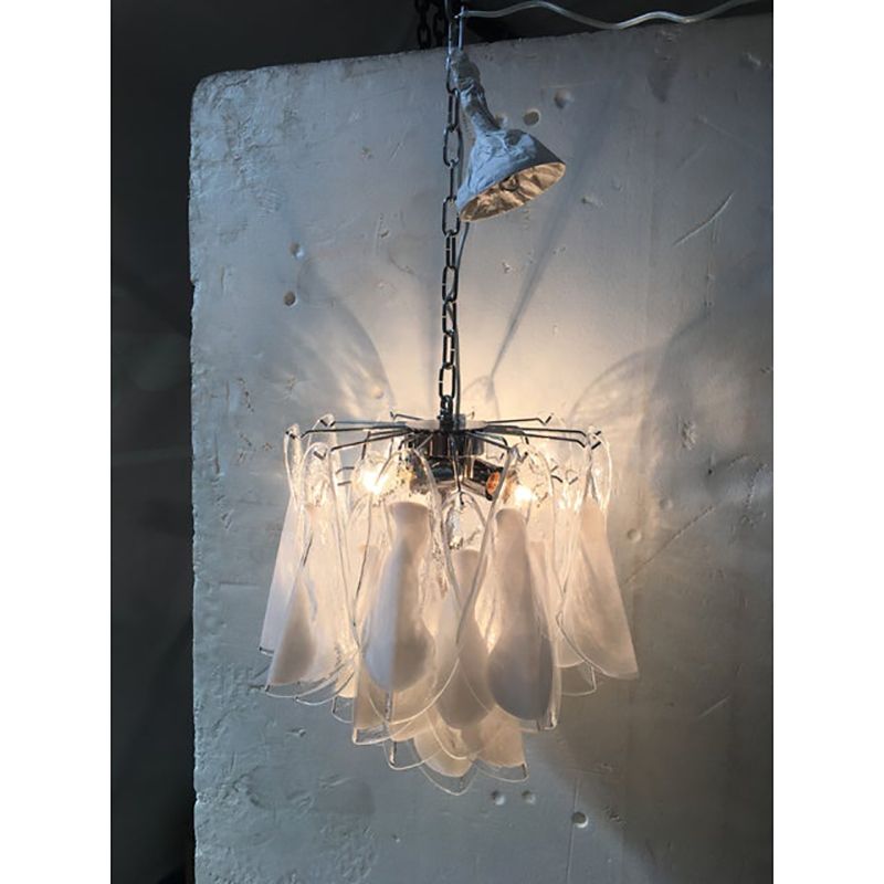 photo for sale Italian White And Transparent Murano Glass Chrome Metal Frame Chandelier Sputnik