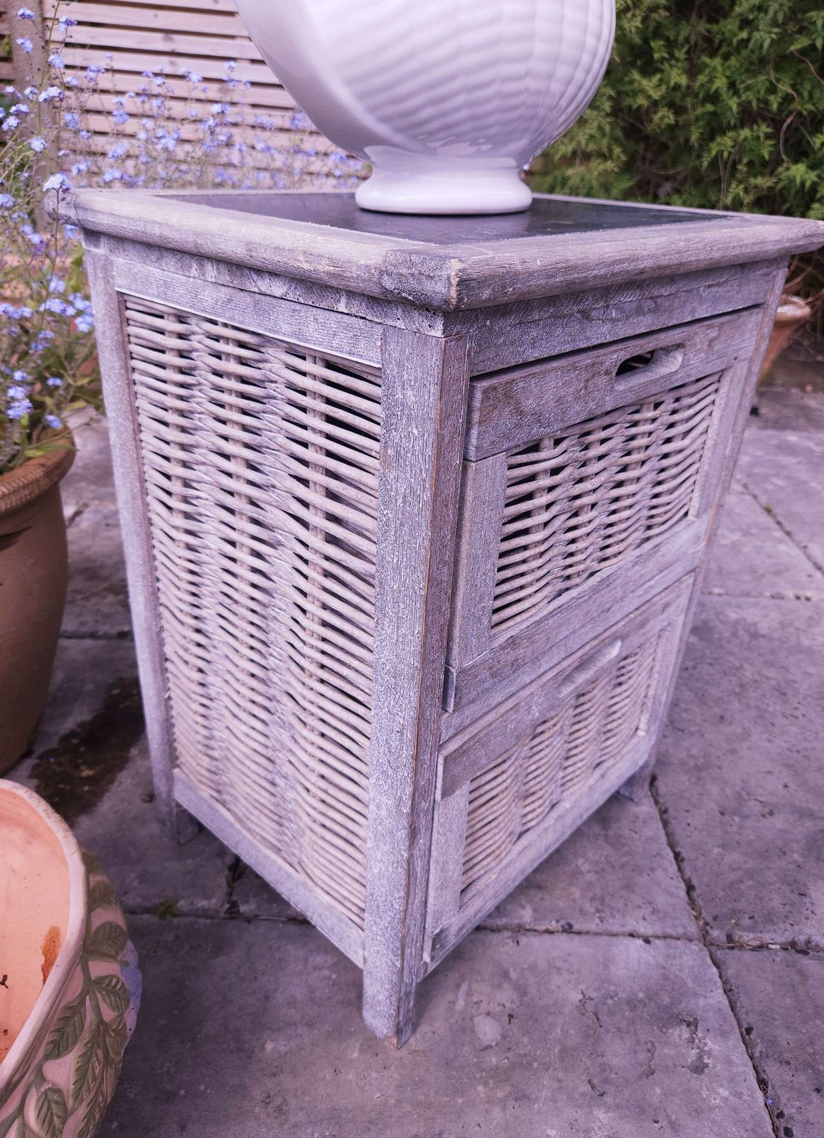 Small, Grey Wicker Bedside Or Occasional Table With Drawers & Slate Top photo furniture