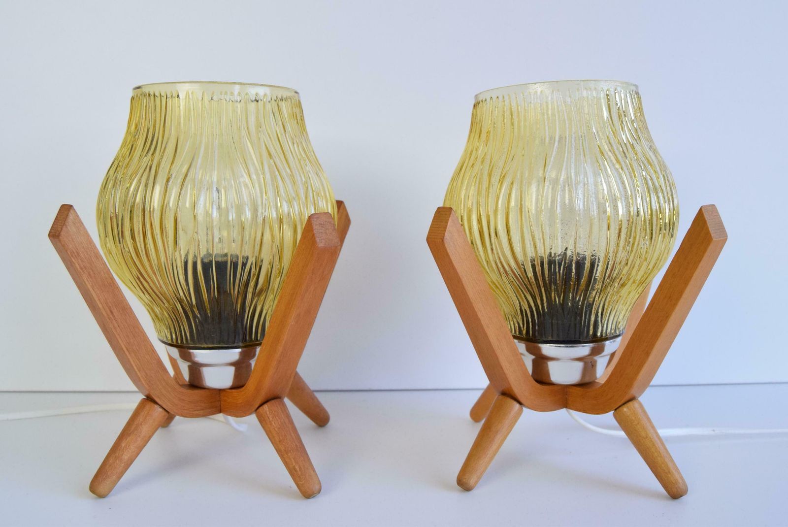 Pair Of Mid Century Wooden Design Table Lamps, By Dřevo Humpolec, 1970's. photo Lighting