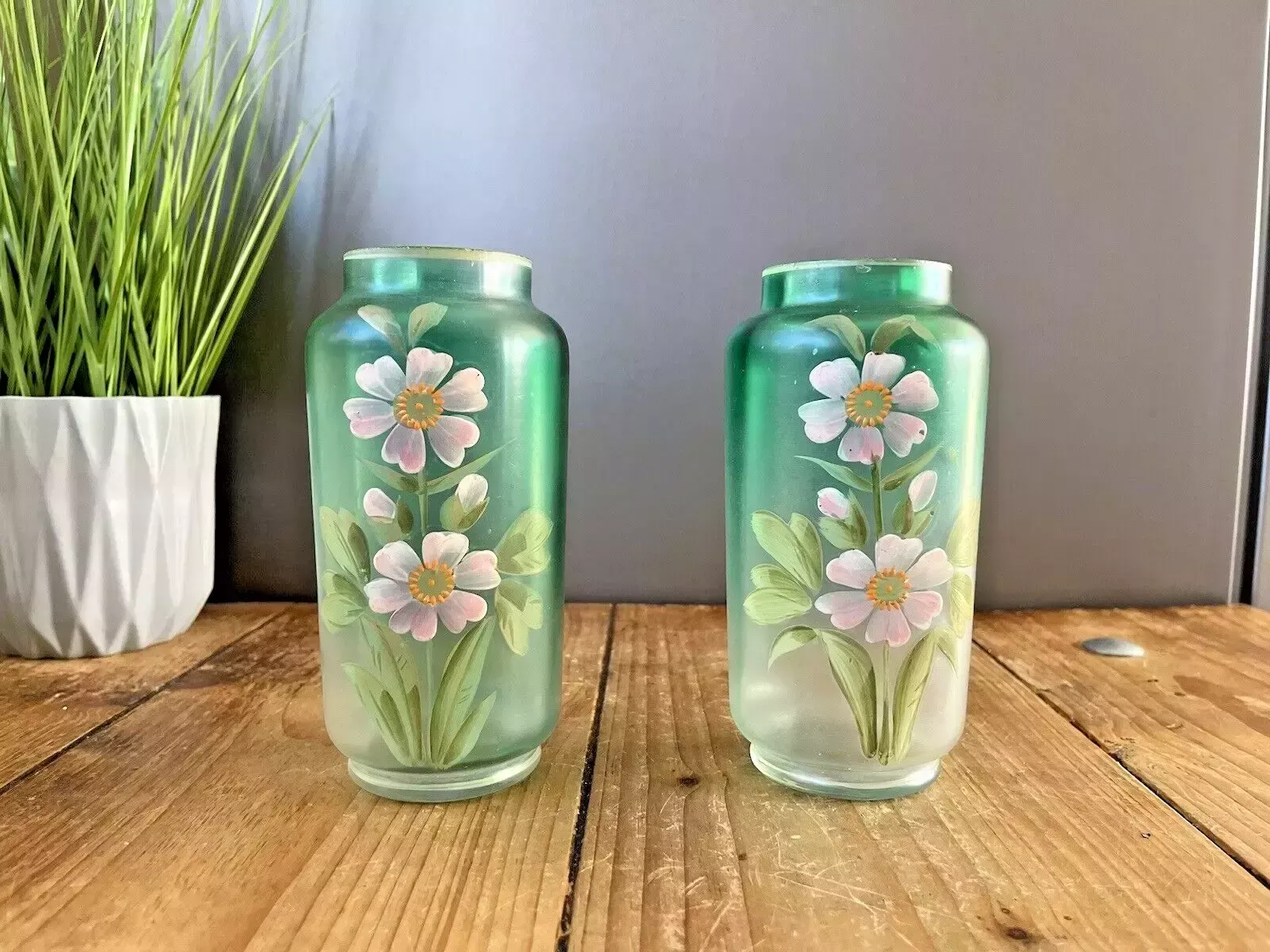 Pair Of Art Nouveau Bohemian Green Enamel Painted Floral Vases Carl Goldberg photo for sale