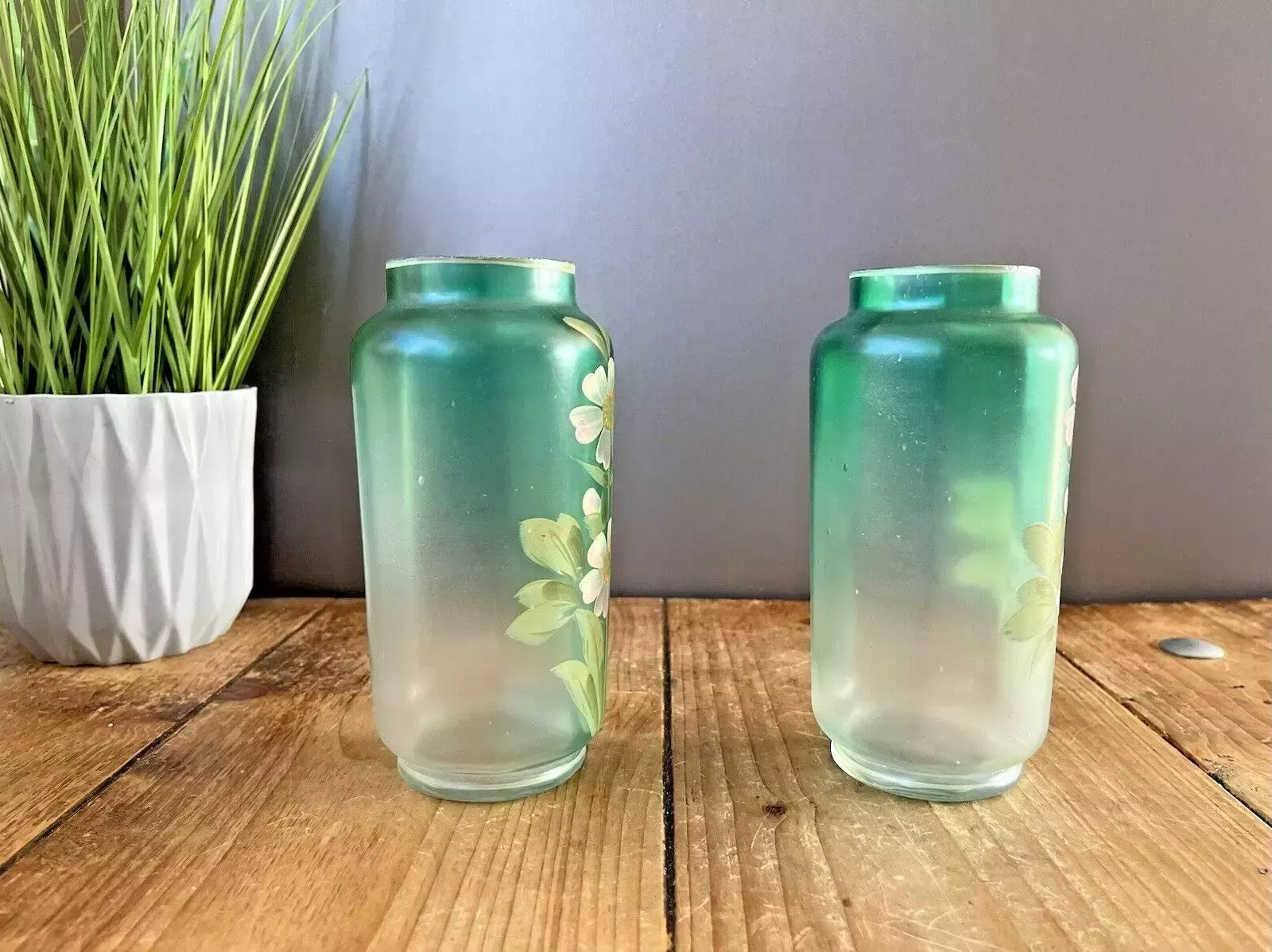 Pair Of Art Nouveau Bohemian Green Enamel Painted Floral Vases Carl Goldberg photo buy