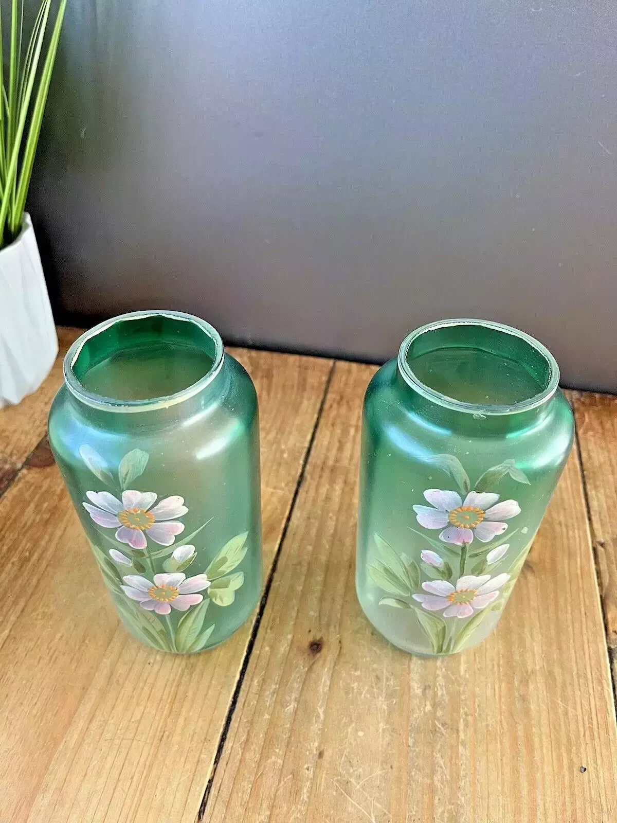 Pair Of Art Nouveau Bohemian Green Enamel Painted Floral Vases Carl Goldberg photo vintage