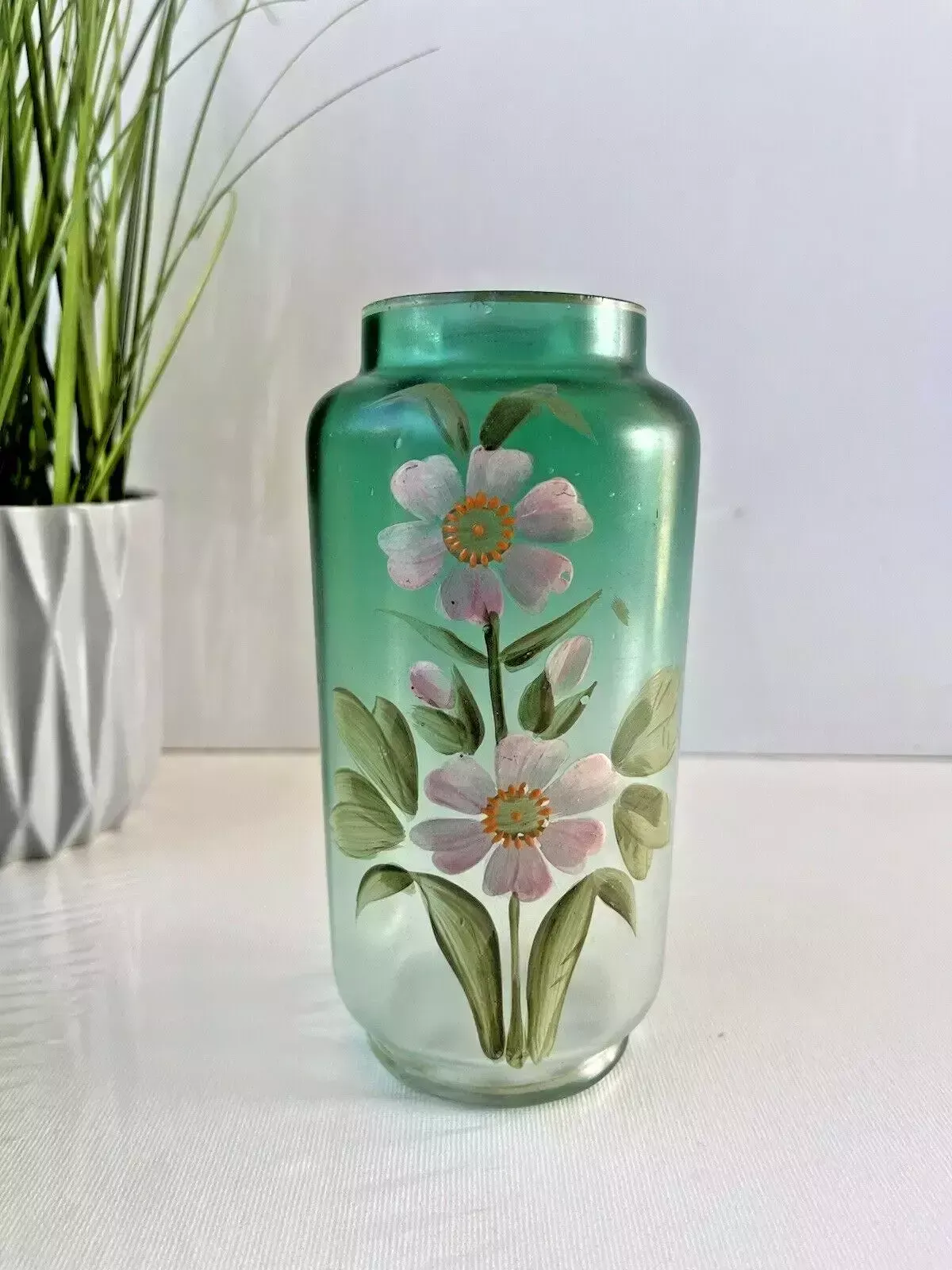 photo vintage Pair Of Art Nouveau Bohemian Green Enamel Painted Floral Vases Carl Goldberg