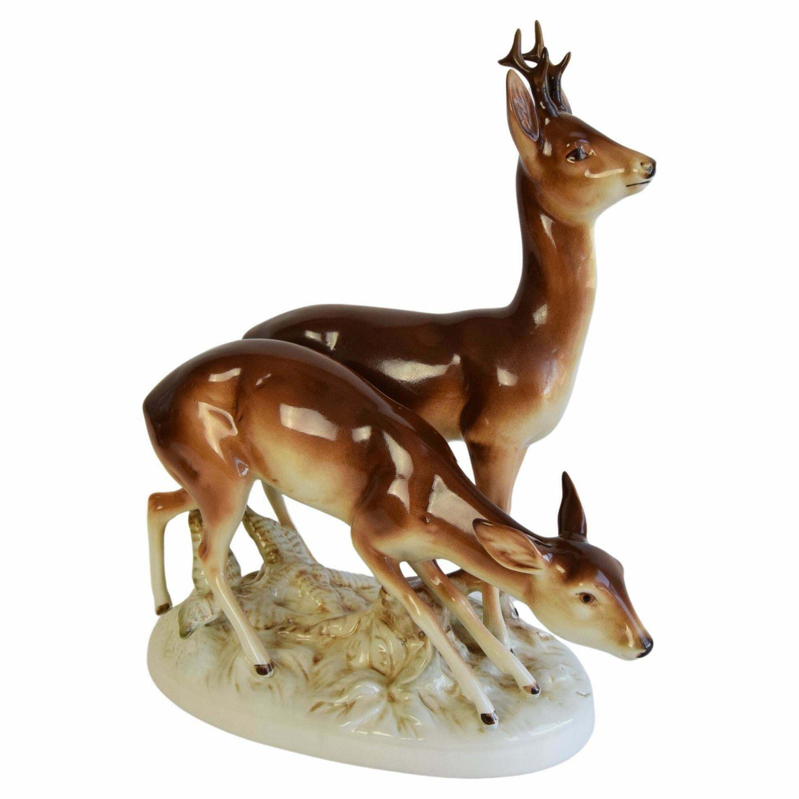 Porcelain Deer And Doe Sculpture By Royal Dux, Circa 1950's.
