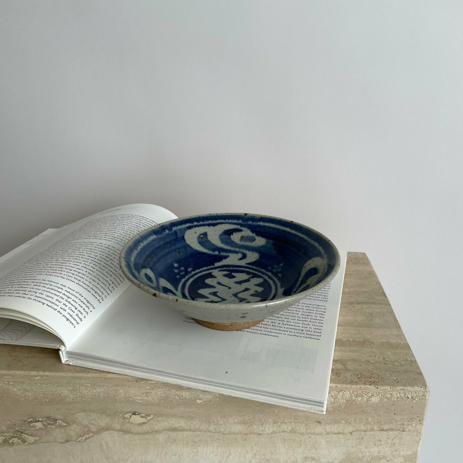 Mid Century Blue And White Design Stoneware Bowl By Brian Newman Of Aller Pottery photo vinterior