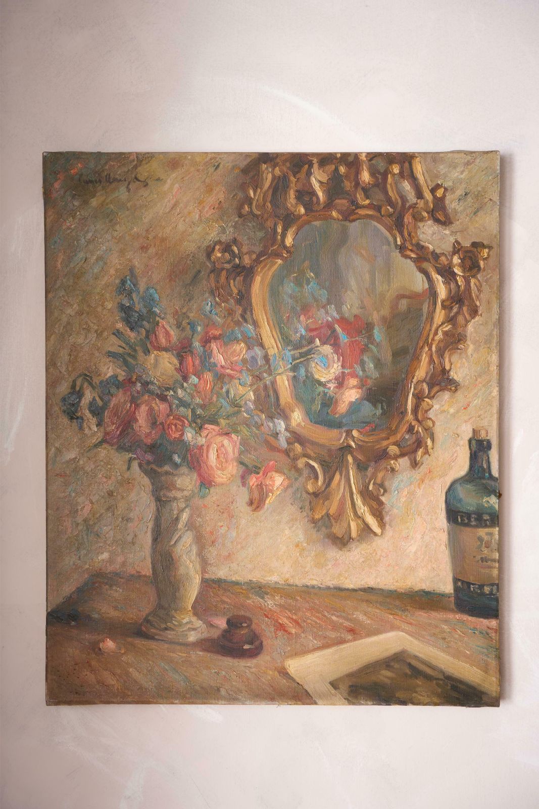 Early 20th Century Oil On Canvas Painting Of A Mirror With Flowers photo furniture