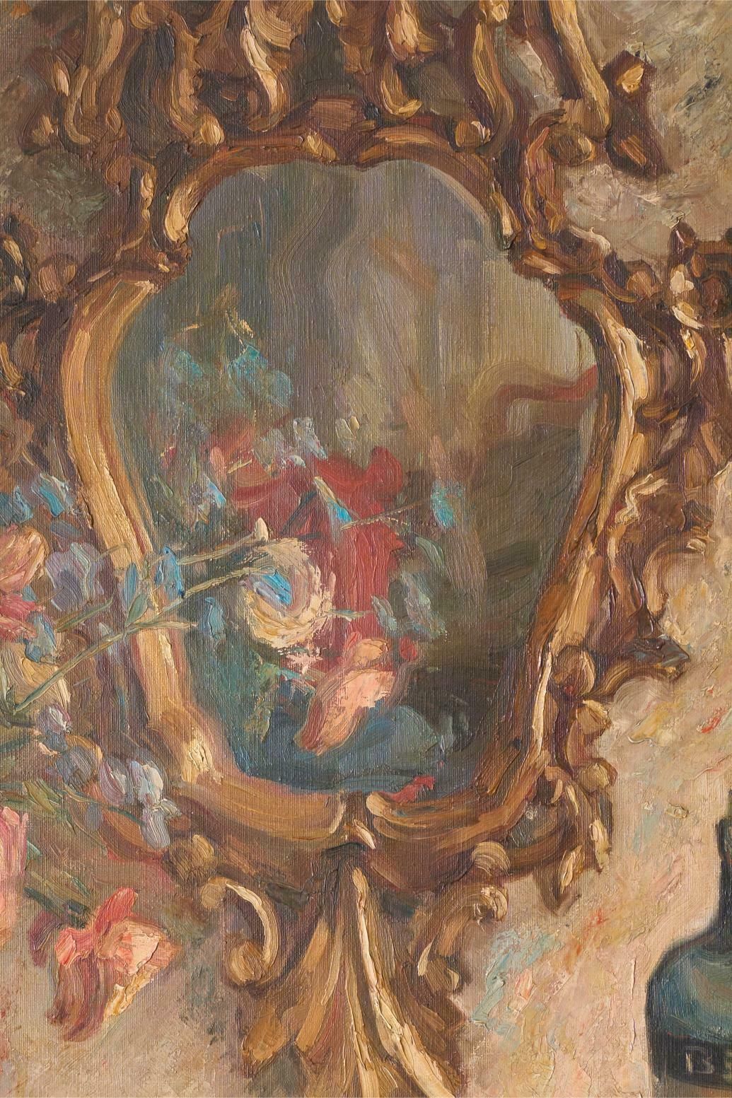 Early 20th Century Oil On Canvas Painting Of A Mirror With Flowers photo Art