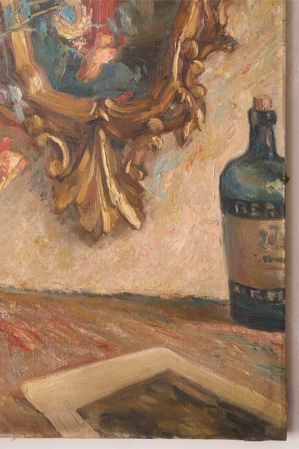 Early 20th Century Oil On Canvas Painting Of A Mirror With Flowers photo 915.0