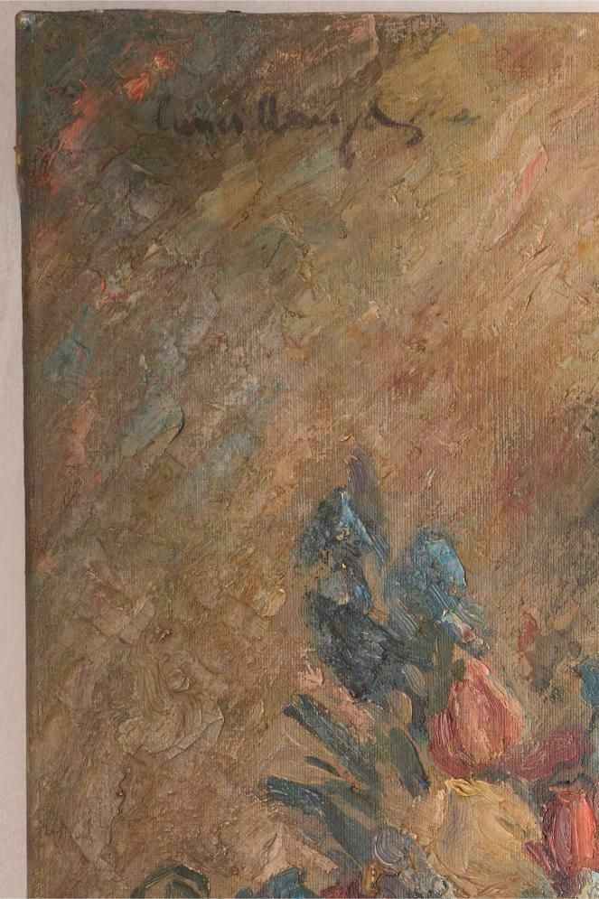 Early 20th Century Oil On Canvas Painting Of A Mirror With Flowers photo vinterior