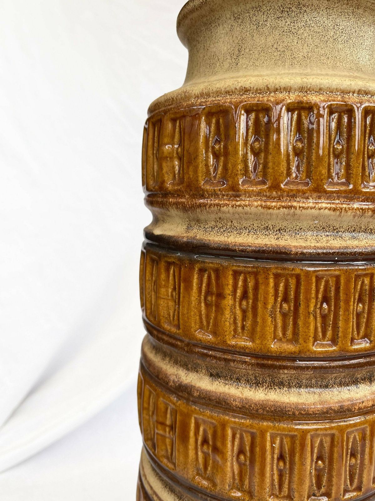 Large Five Rimmed Geometric West German Pottery Floor Vase In Cream, Ochre, Brown And Earthy Tones From Scheurich, 1970s 238 40 photo vintage