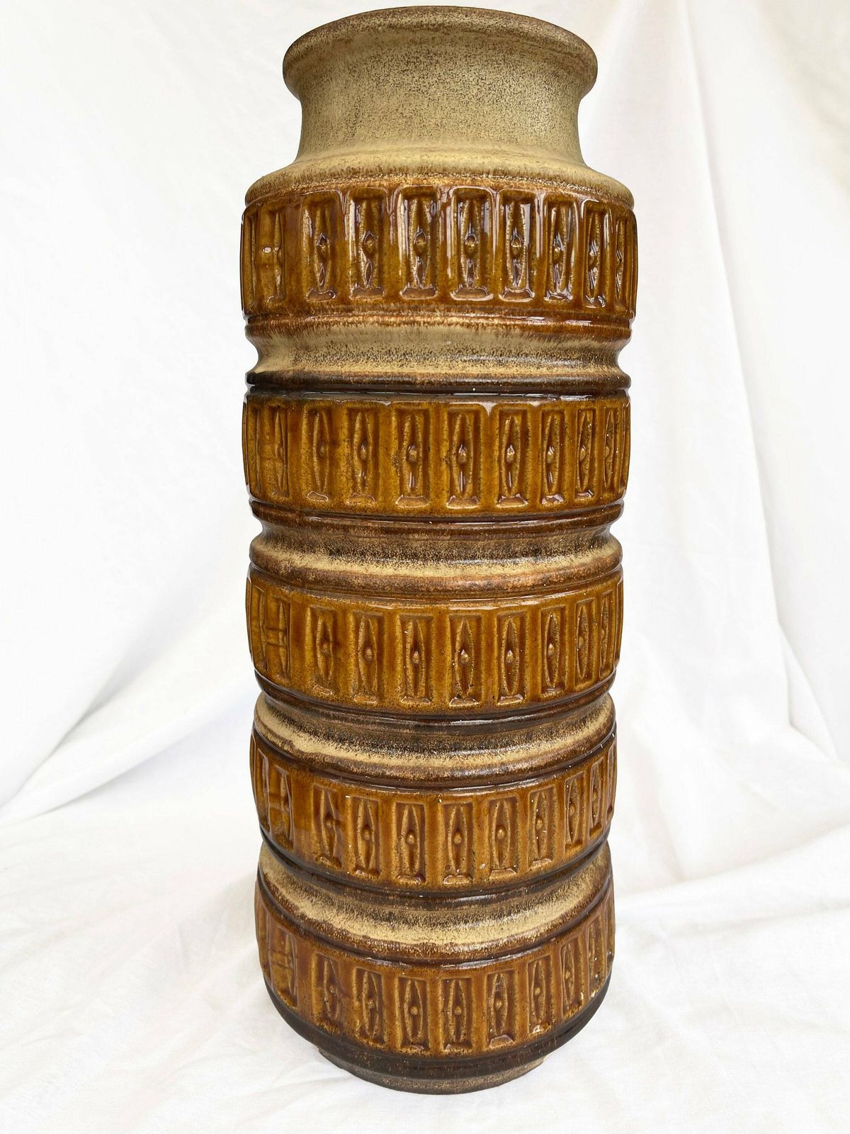 photo for sale Large Five Rimmed Geometric West German Pottery Floor Vase In Cream, Ochre, Brown And Earthy Tones From Scheurich, 1970s 238 40