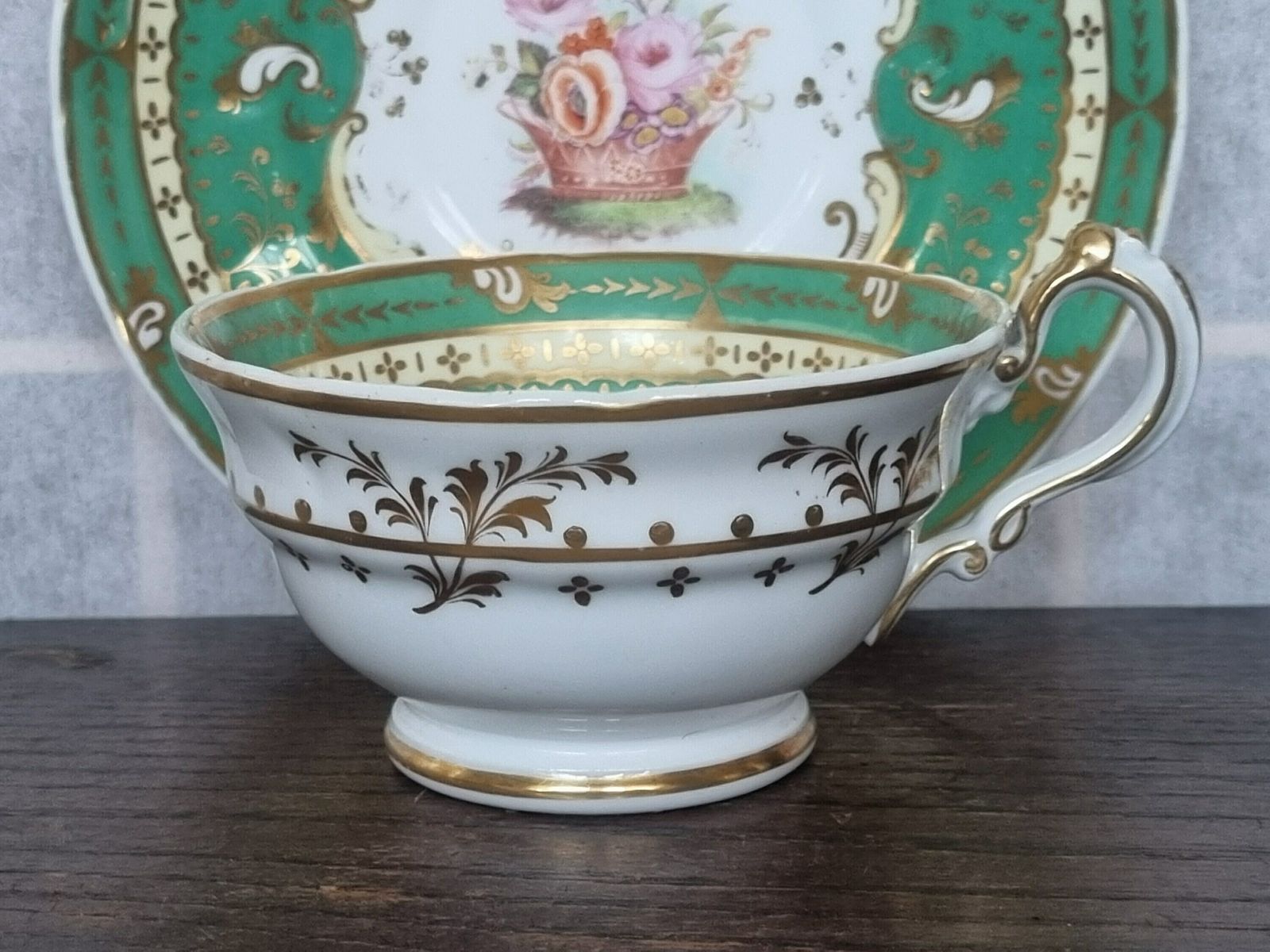 Antique Tea Cup Saucer Green Floral Basket English Bone China photo for sale