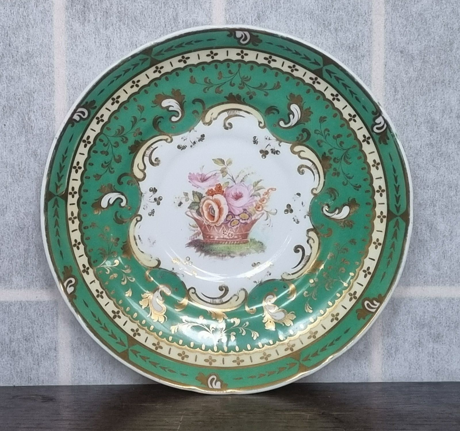 Antique Tea Cup Saucer Green Floral Basket English Bone China photo Home Decor