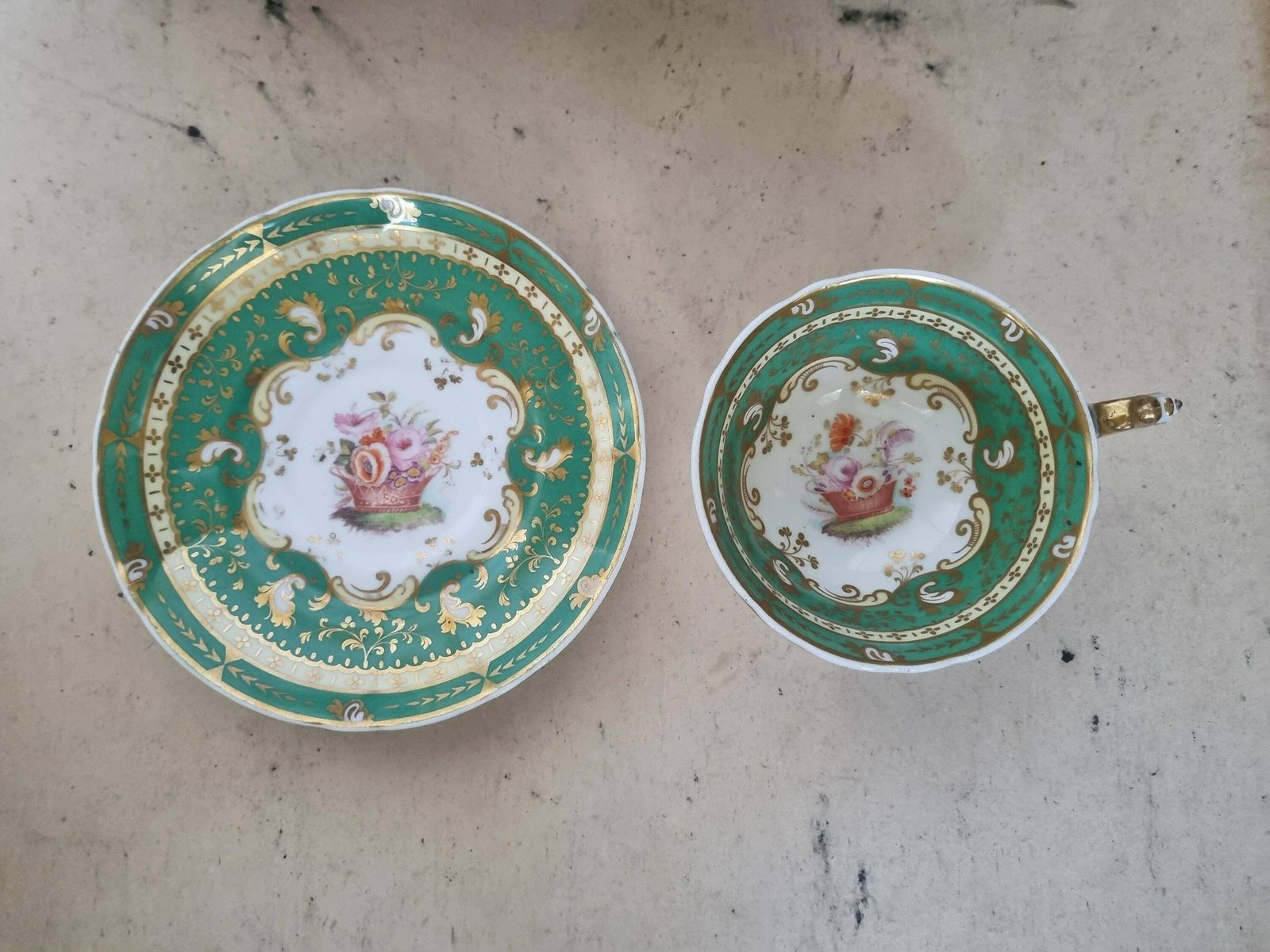 Antique Tea Cup Saucer Green Floral Basket English Bone China photo 54.0