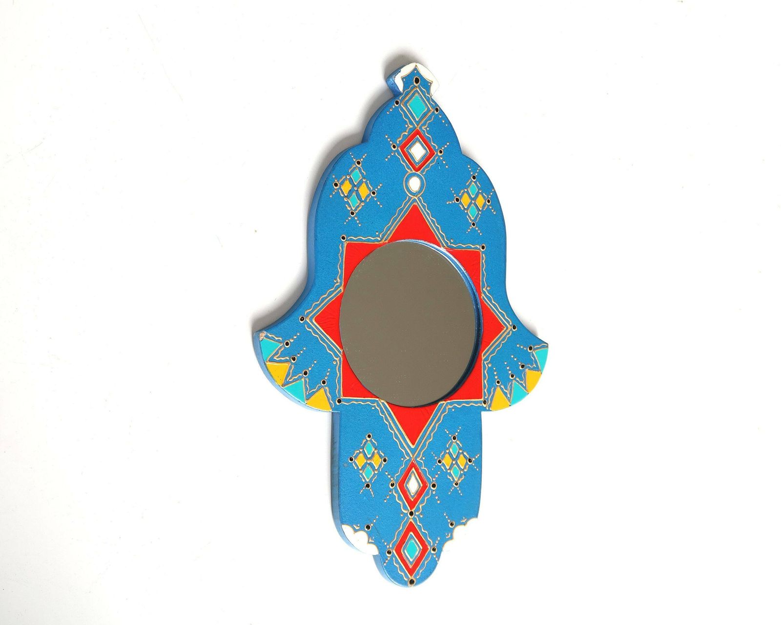 Marokkaanse Beschilderde Houten Hamsa Handspiegel, Jaren 1970 / Boho Chic, Bohemian Folk, Marokko, Arabisch photo furniture