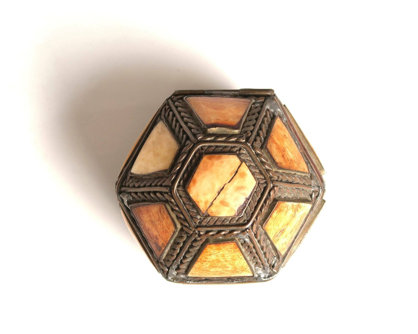 Moroccan Copper And Bone Geometrical Jewelry Box, 1960s / Orange, Chest, Case, Folk, Boho Chic, Bohemian, Morocco photo for sale
