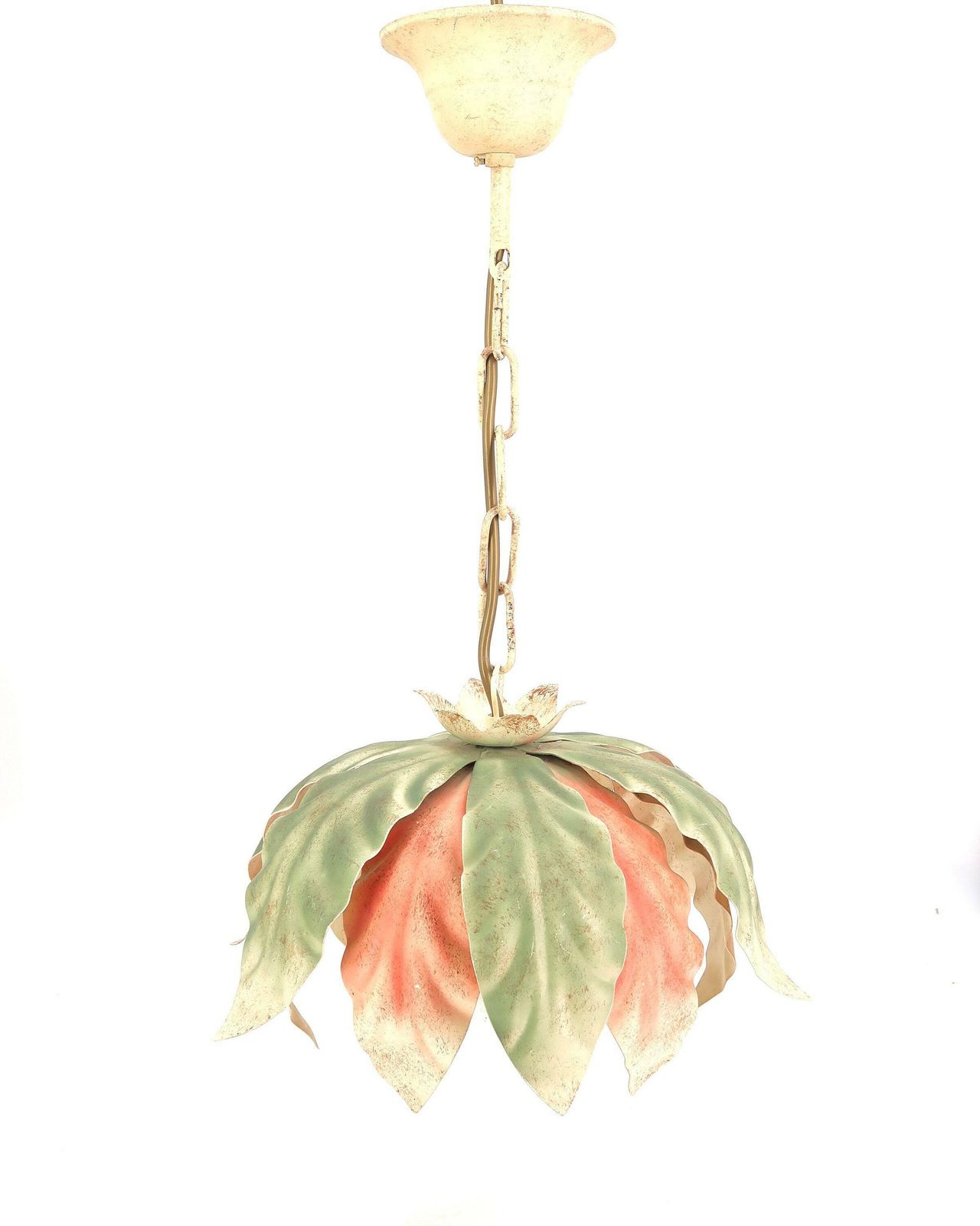 Plafondlamp: Lichtgroen, Roze En Beige Bloemen En Bladeren, Jaren 1980 / Hanglamp, Verlichting, Bloemmotief, Boho Chic, Folk photo furniture