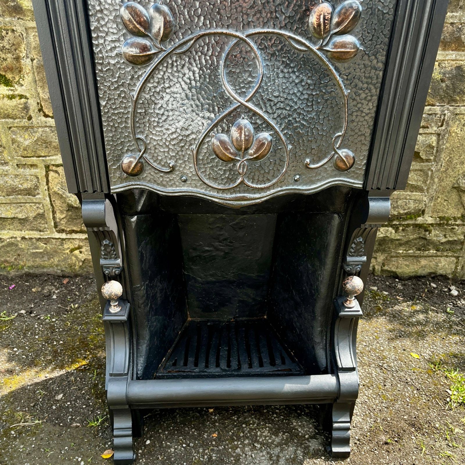 Antique Victorian Art Nouveau Fireplace Pewter And Copper Accent, Cast Iron, Floral Design, Finial, Fire Grate, Period Home photo Home Fixtures