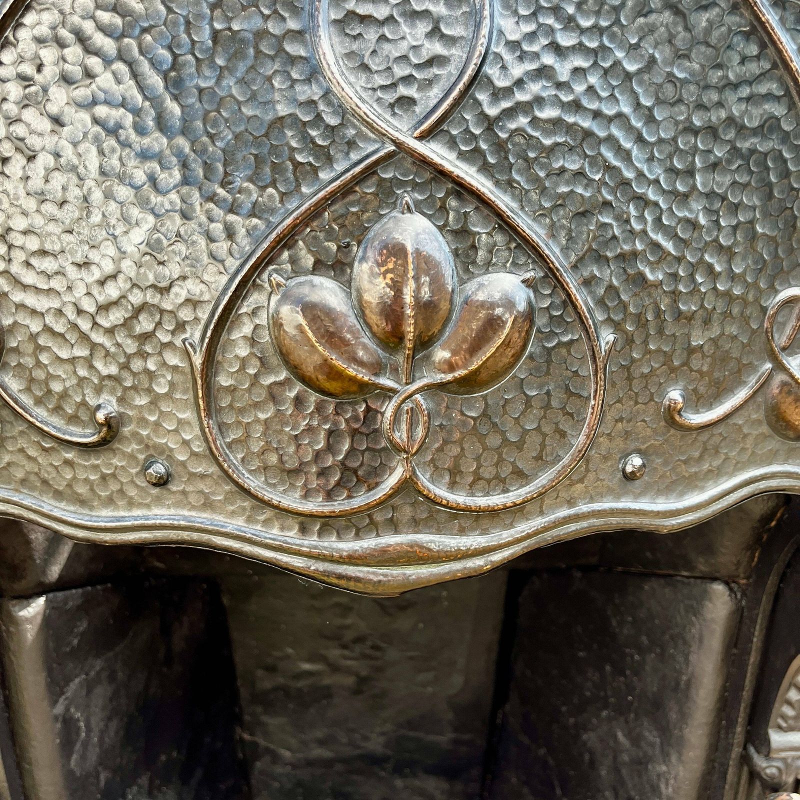 Antique Victorian Art Nouveau Fireplace Pewter And Copper Accent, Cast Iron, Floral Design, Finial, Fire Grate, Period Home photo 795.0