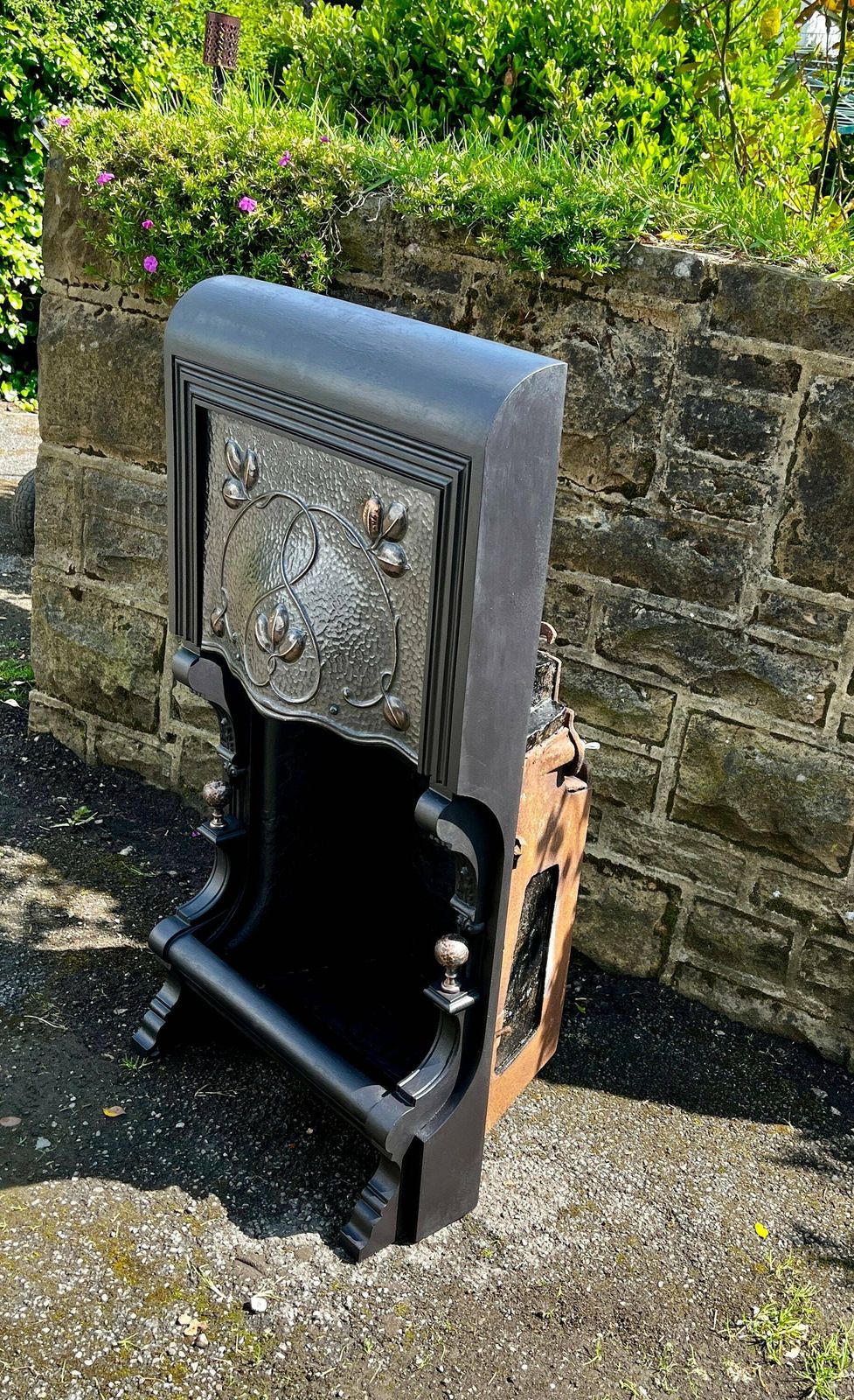 Antique Victorian Art Nouveau Fireplace Pewter And Copper Accent, Cast Iron, Floral Design, Finial, Fire Grate, Period Home photo buy