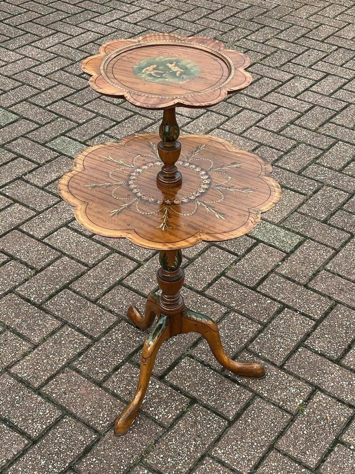 Edwardian Satin Walnut Painted Tea Table, Decorated With Cherubs And Foliage photo furniture