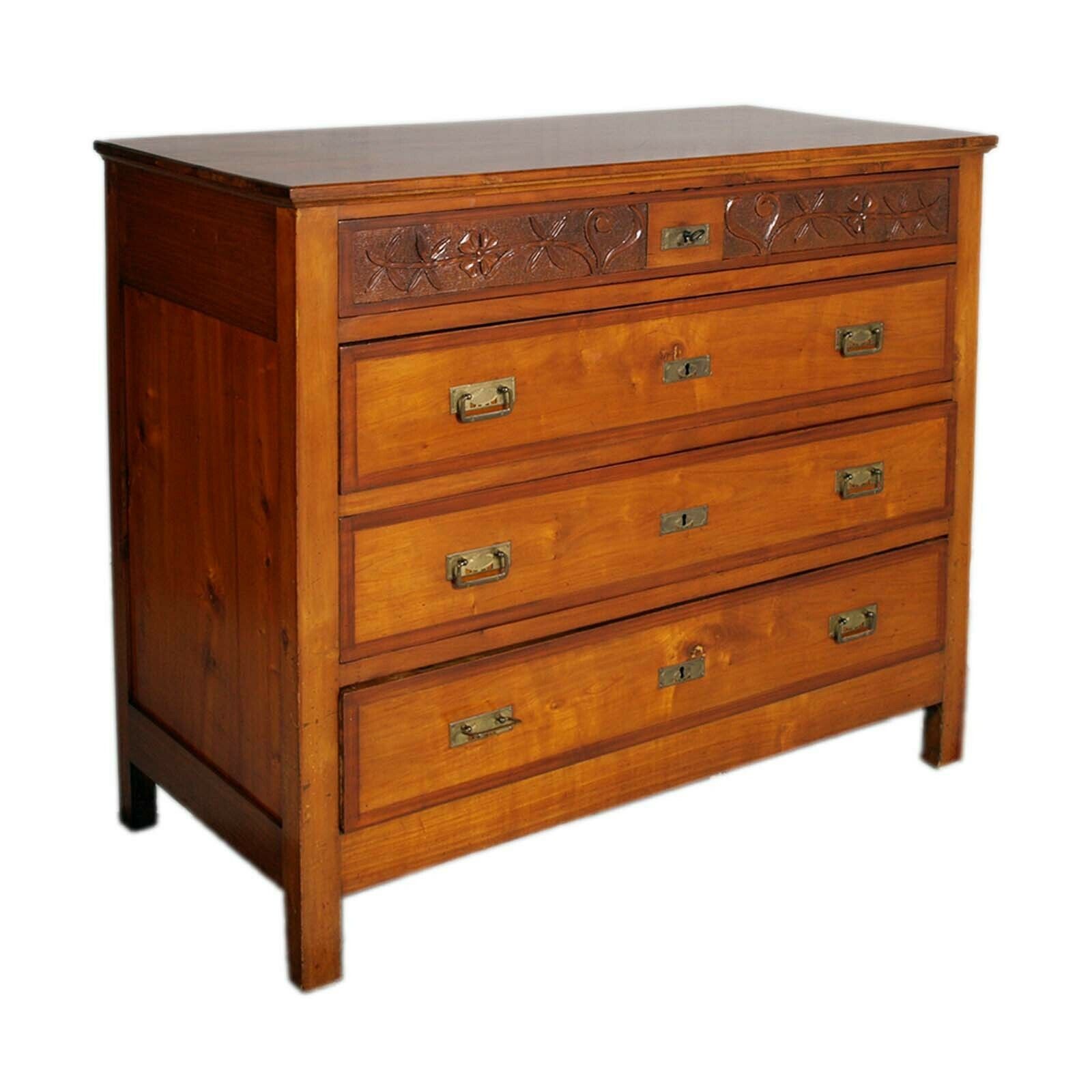 photo furniture Commode Art Nouveau In Walnut With Mirror , Four Drawers, Carved, Restored,  Wax Polished