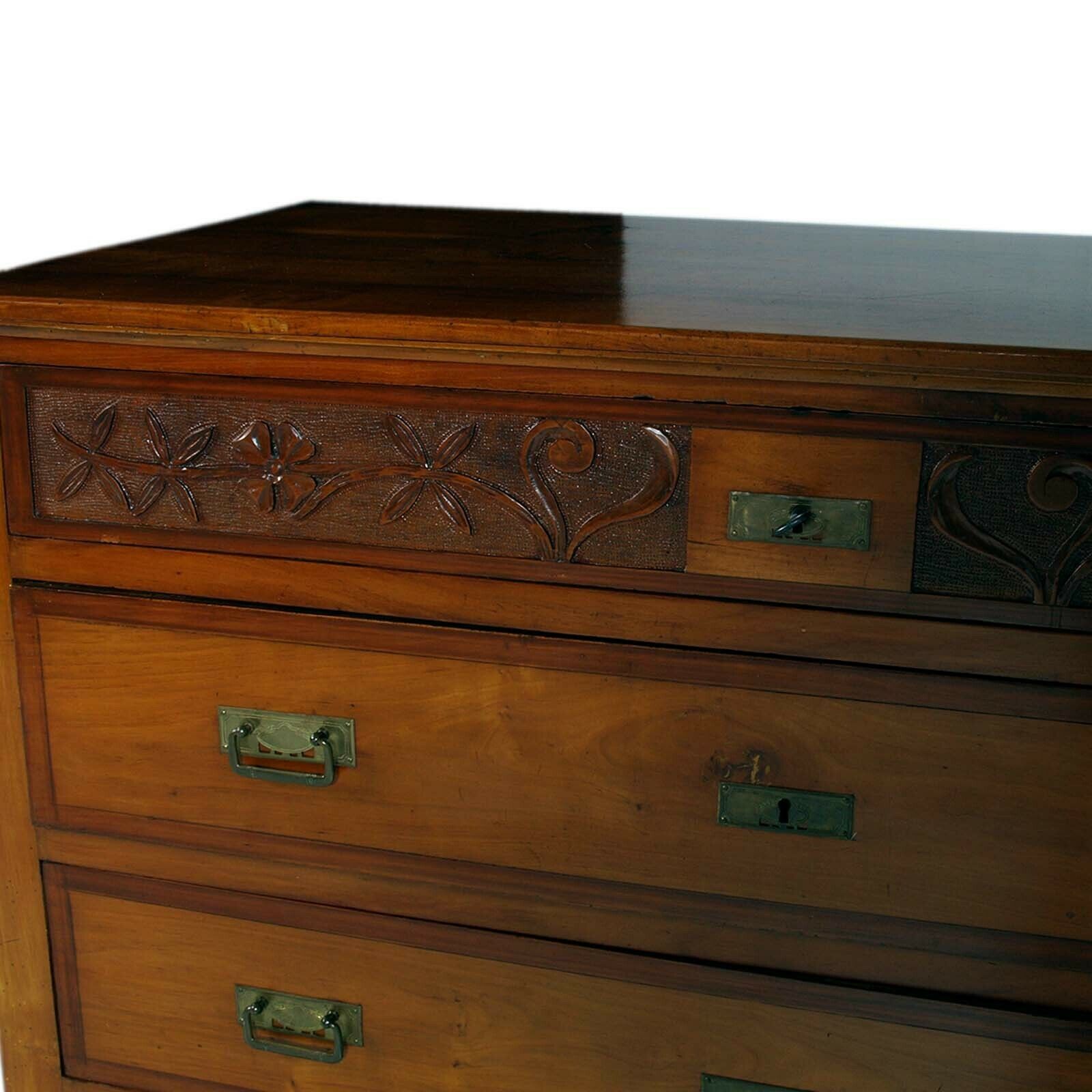 Commode Art Nouveau In Walnut With Mirror , Four Drawers, Carved, Restored,  Wax Polished photo 5400.0