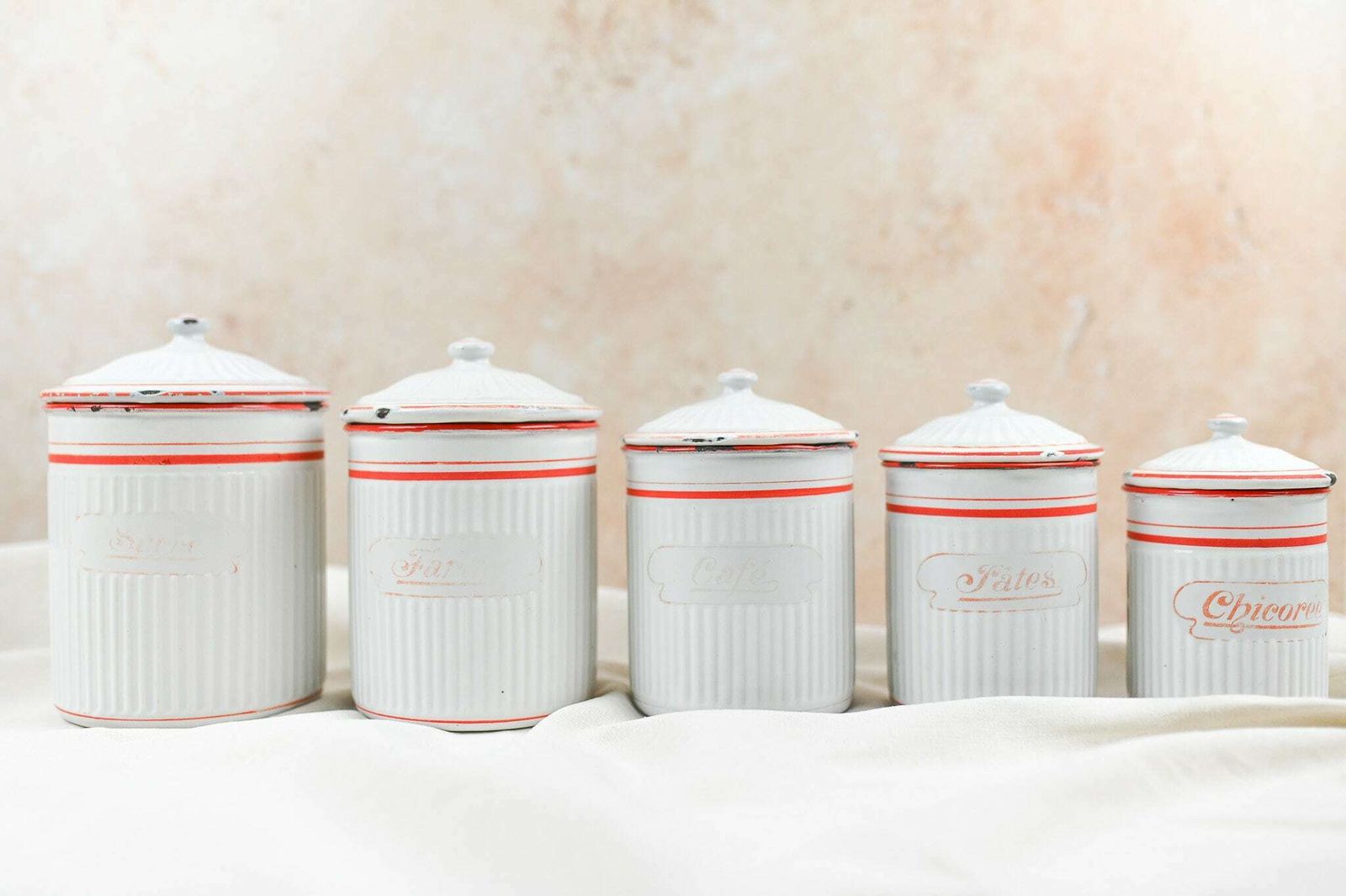 Vintage French Enamel Canisters, Set Of 5, Enamel Pots, Made By Bb In Eastern Europe, Ca 1920s photo furniture
